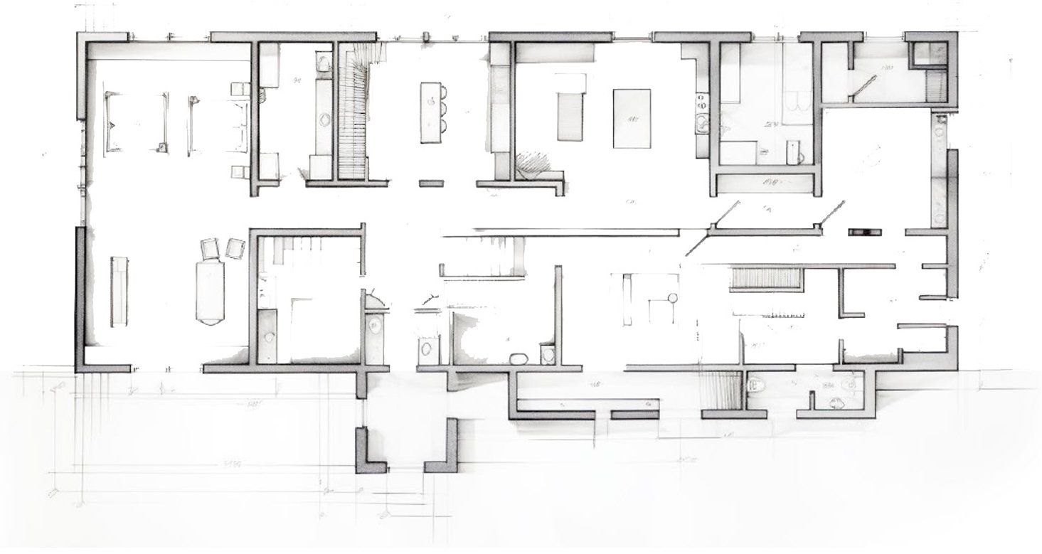 Plano de planta de una casa con varias habitaciones, incluyendo salas, cocinas, baños y habitaciones.