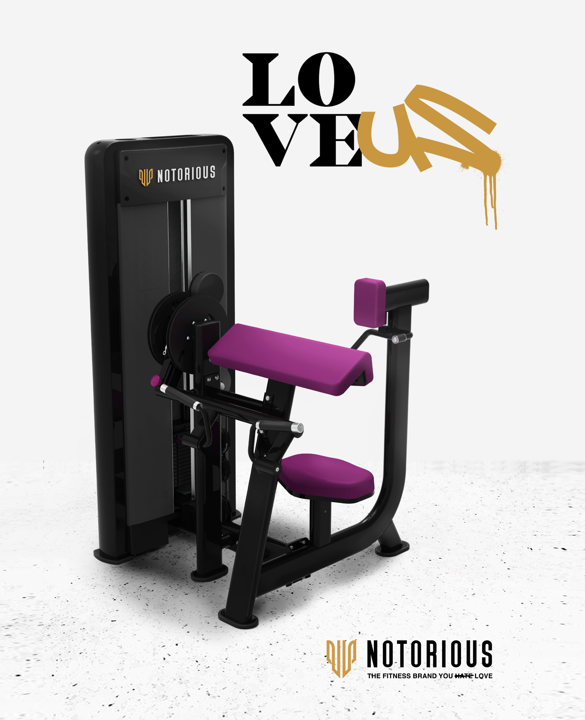 Máquina de ejercicio con equipamiento para entrenar abdominales, asientos y soportes en color púrpura y negro, con logotipo de Notorious y texto en la pared 'Lo que amas' en letras negras y doradas.