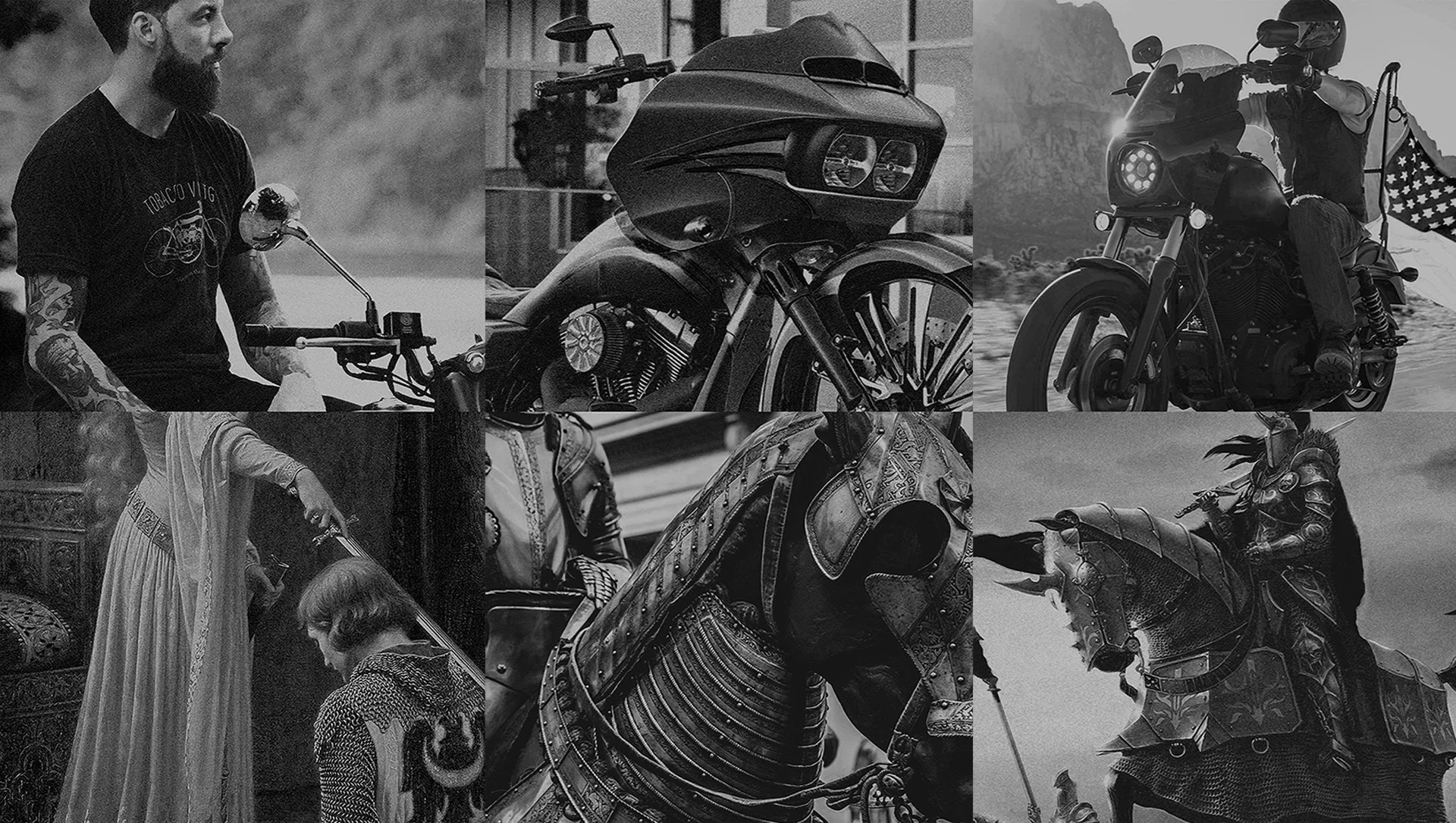 Colección de motocicletas y caballos en diferentes escenas, en tonos negros y blancos.
