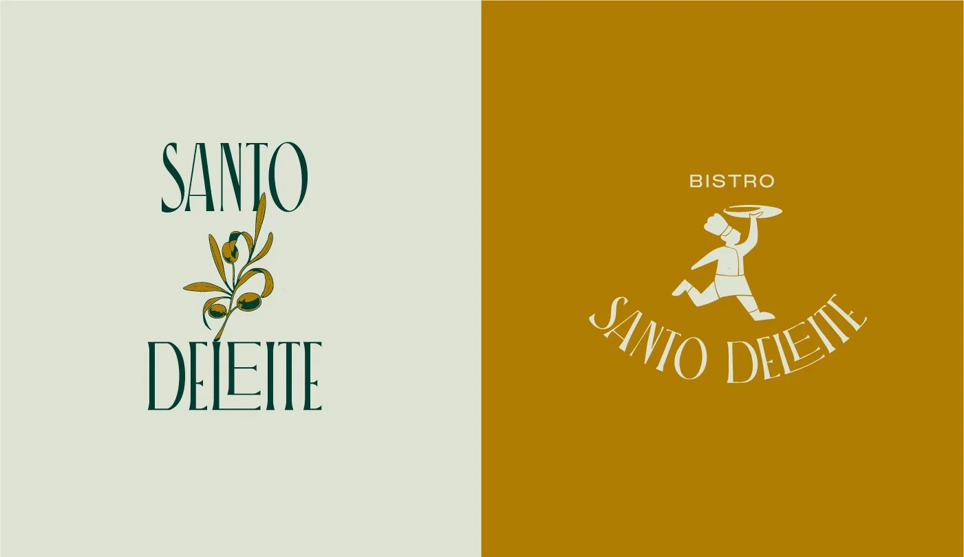 Logos del Santo Deiete y del Santo Defiete, uno con fondo verde claro y el otro con fondo marrón, con texto en letras estilizadas y una figura de un cocinero en el logo del Santo Deleite.