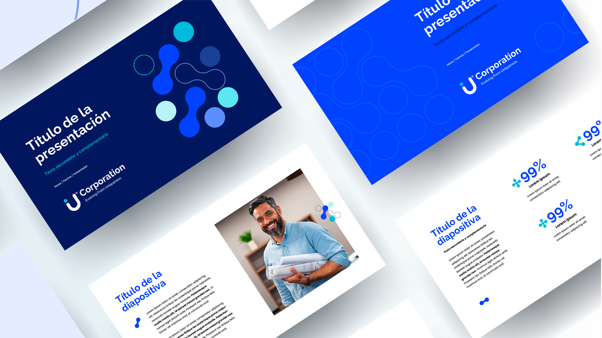 Presentaciones con diseño en tonos azules y elementos gráficos abstractos, títulos en español, y fotos de personas sonriendo, posiblemente en un contexto profesional.
