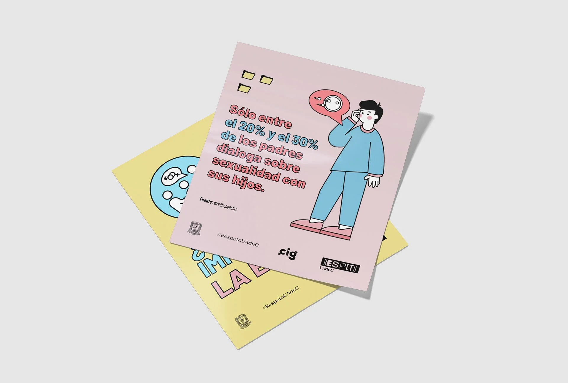 Folletos con ilustraciones y texto en español sobre diálogos sobre sexualidad con hijos, uno con figura masculina y globos de diálogo sobre reproducción.