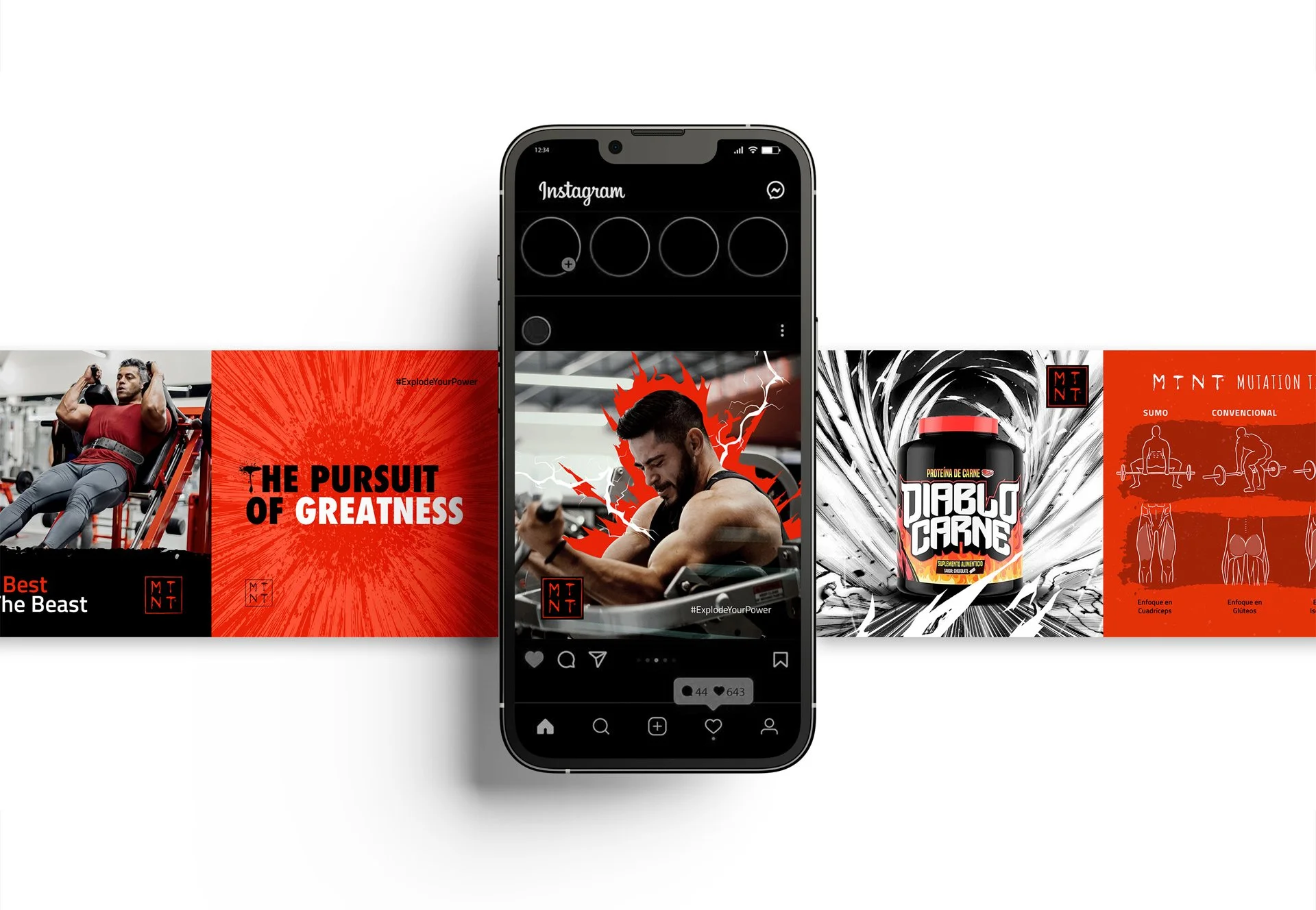 Pantalla de teléfono mostrando una publicación de Instagram con imágenes de entrenamiento, suplementos y motivación fitness, en colores predominantes negros, rojos y grises.