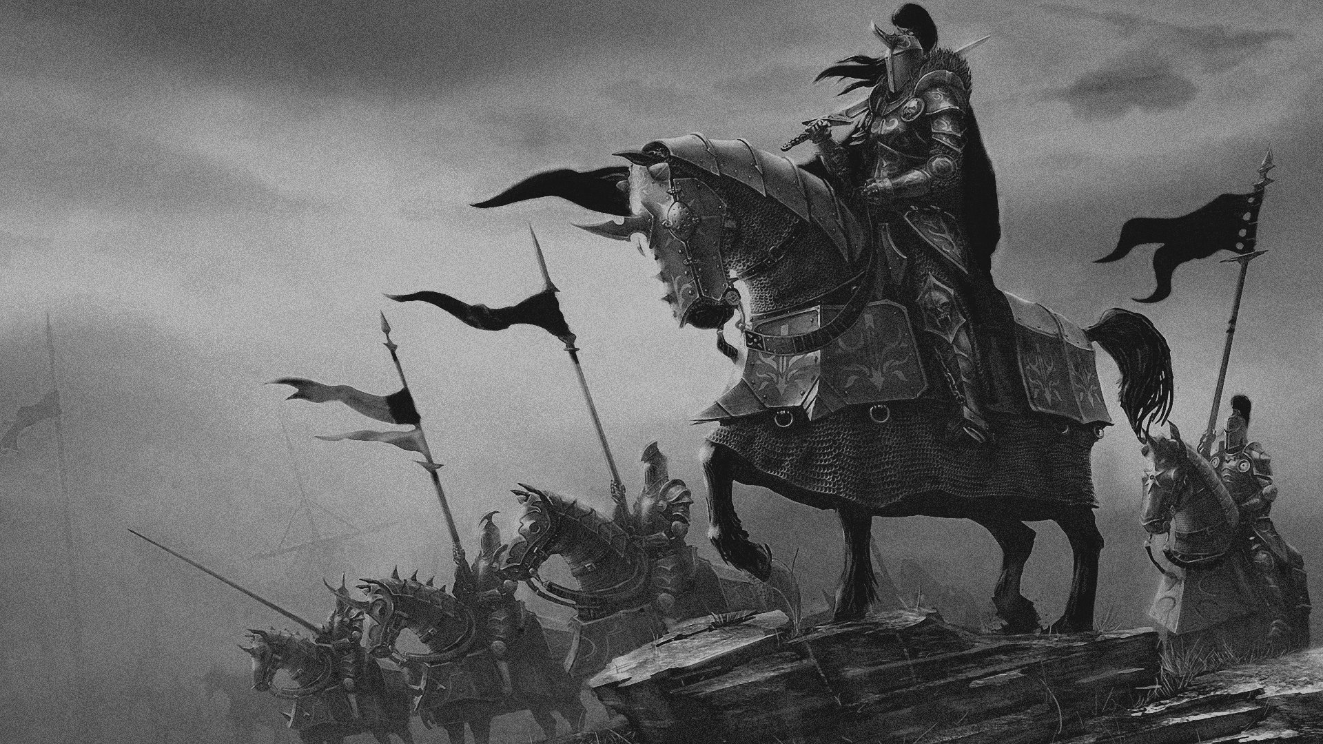 Ilustración en tonos grises de caballeros medievales en batalla, con un caballero en el centro montado en un caballo con armadura y banderas ondeando en el fondo.
