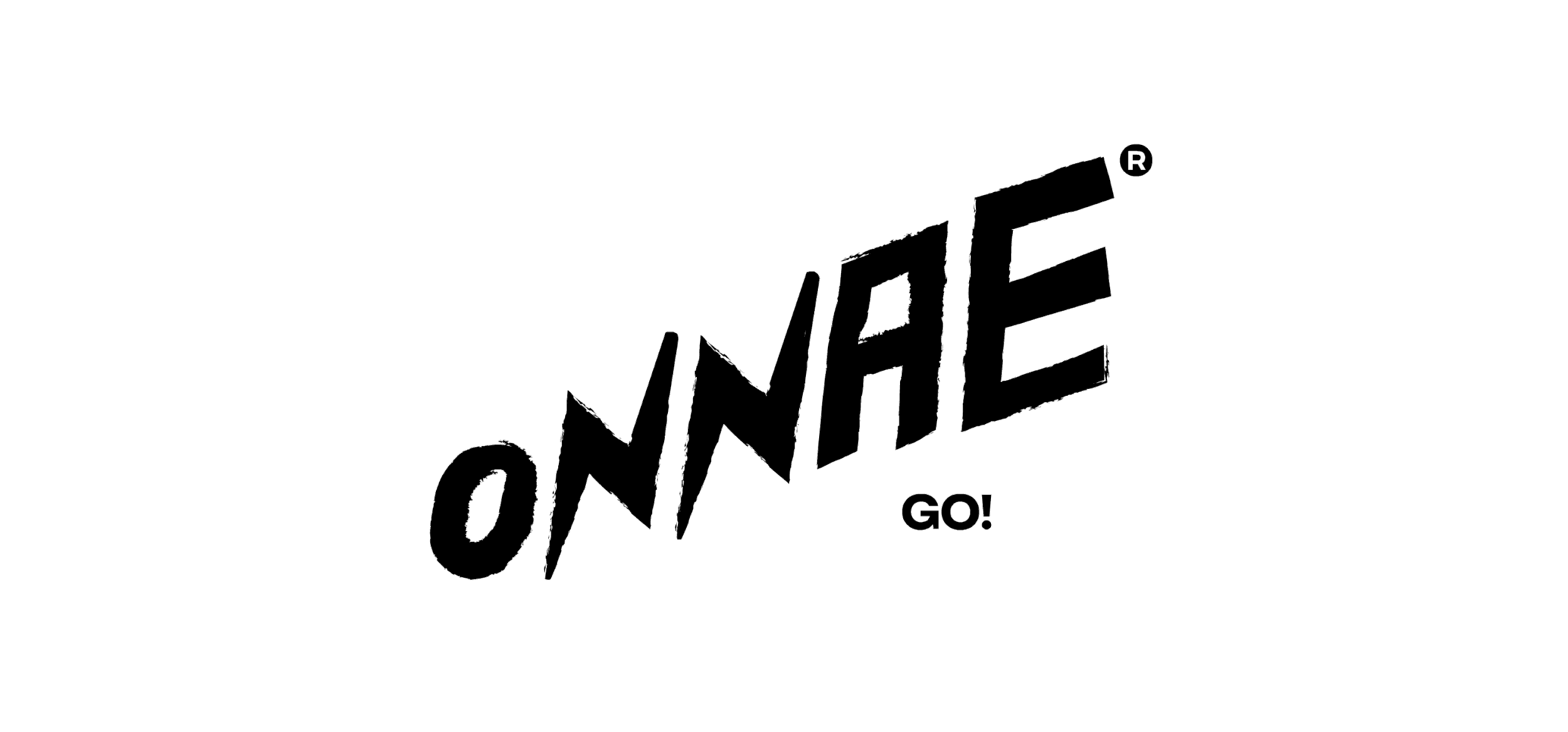 Texto en negrita que dice 'ONNAE' con la palabra 'GO!' debajo, todo en un estilo de letra en negrita y con un efecto de sombra, en color negro sobre fondo blanco.