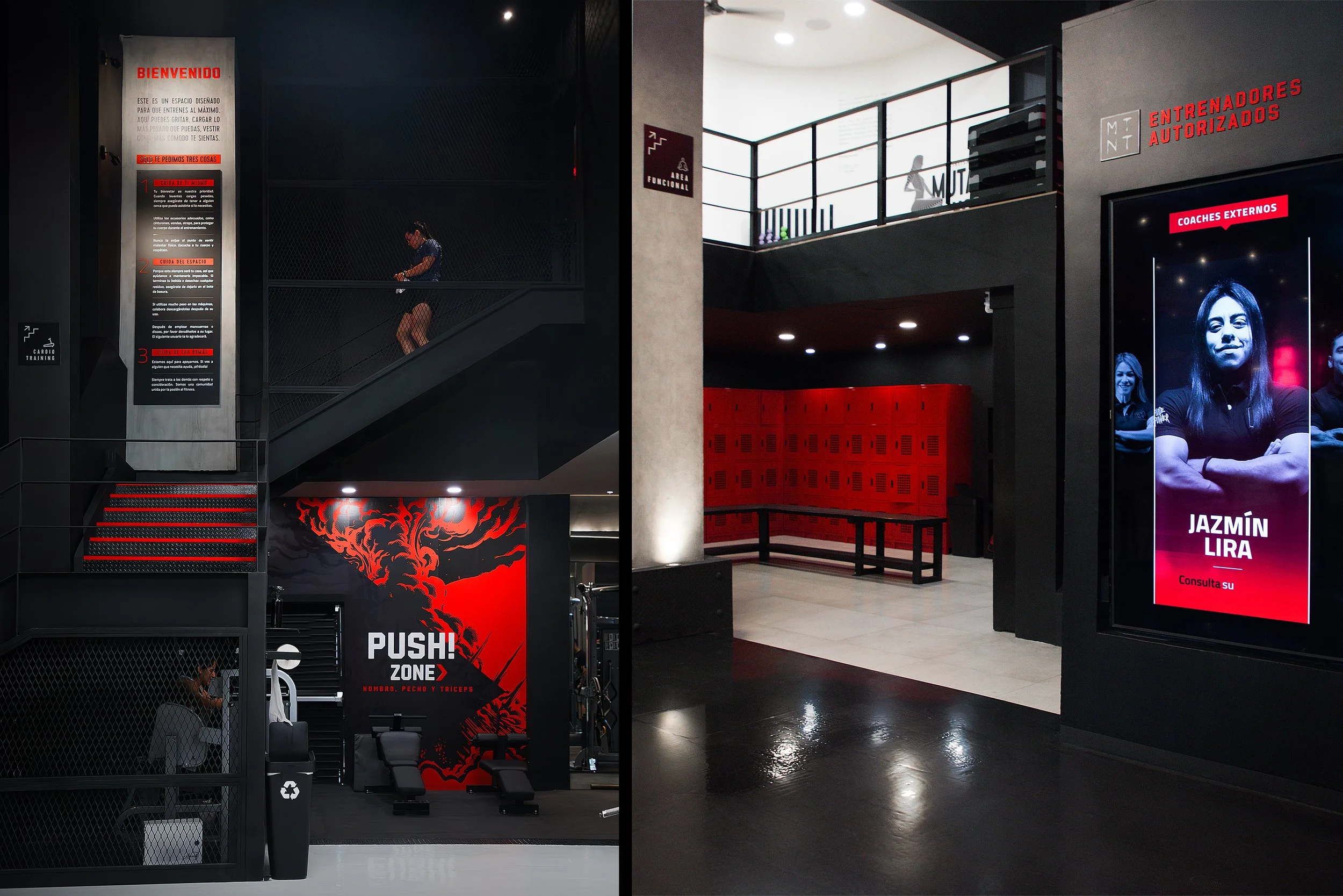 Interior de un gimnasio con áreas de entrenamiento, incluyendo una zona de push y una zona de entrenamiento de tronco, pecho y tríceps, con carteles informativos y un espacio exclusivo para mujeres.