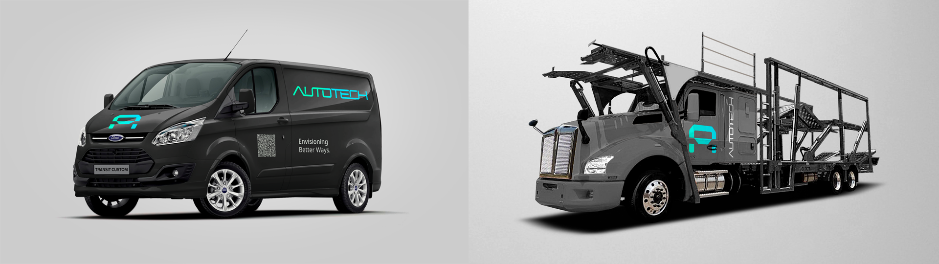 Dos vehículos de transporte, un furgón negro con logotipo y texto 'AUTOTECH', y un camión gris con estructura metálica y el mismo logotipo.