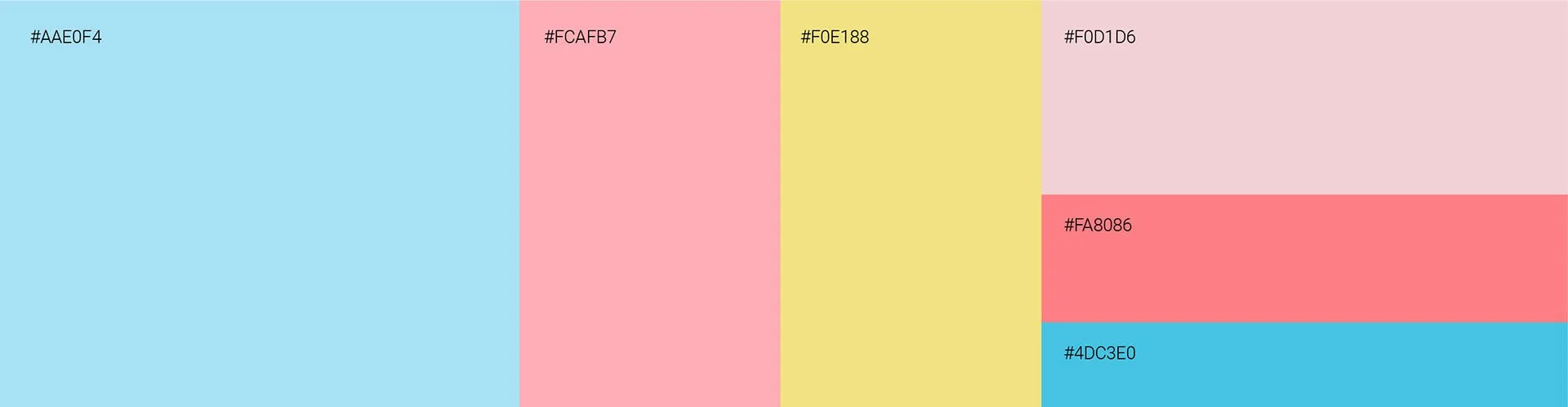 Diagrama de colores con diferentes códigos hexadecimales en fondos de colores azul, rosa, amarillo y rojo, cada uno con su respectivo código.