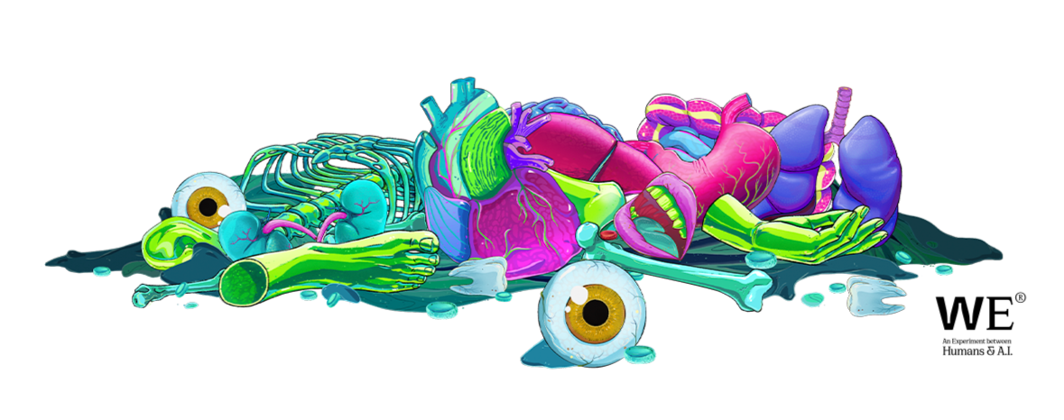 Ilustración digital de un cuerpo humano desmembrado con órganos y extremidades en colores vibrantes y surrealistas.