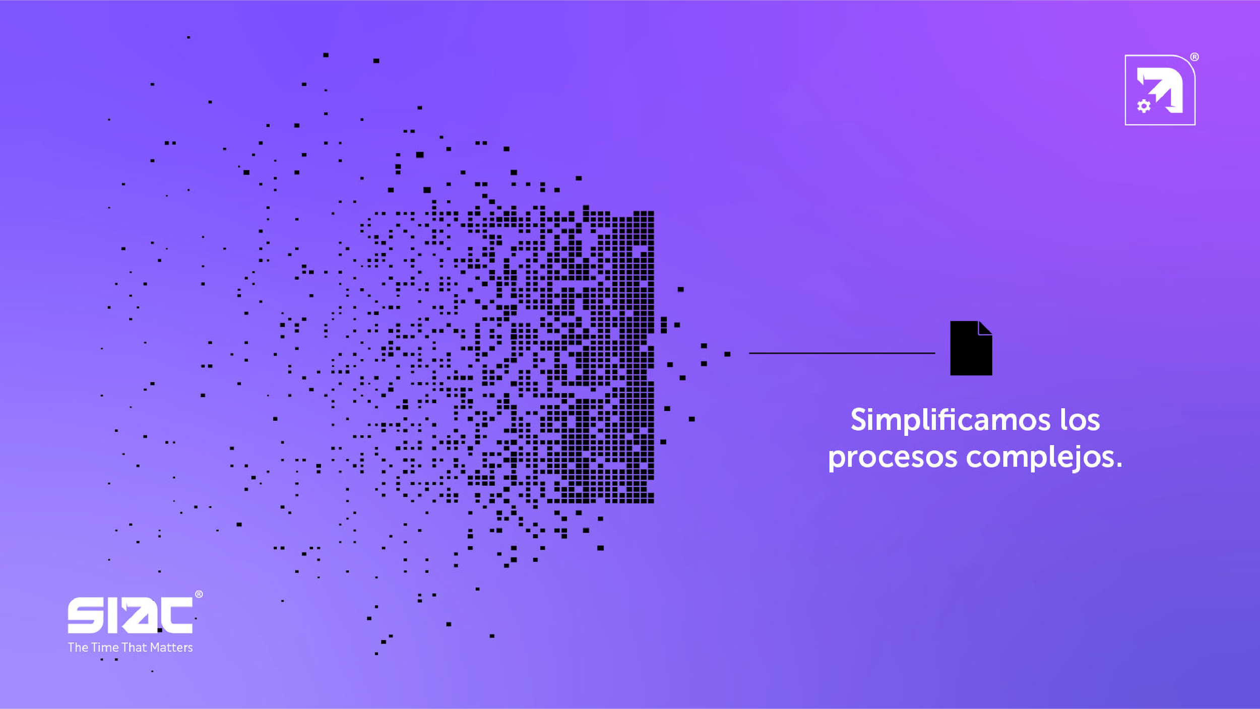 Un diseño digital que muestra cómo los procesos complejos se simplifican mediante un gráfico de partículas que se dispersan desde un conjunto organizado de cuadros pequeños hacia un área dispersa, acompañado del texto en español 'Simplificamos los procesos complejos'.