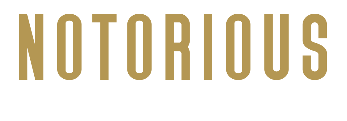 Texto en la imagen que dice 'NOTORIOUS' en letras grandes y doradas, acompañado de la frase 'The fitness brand you hate love' en letras blancas.