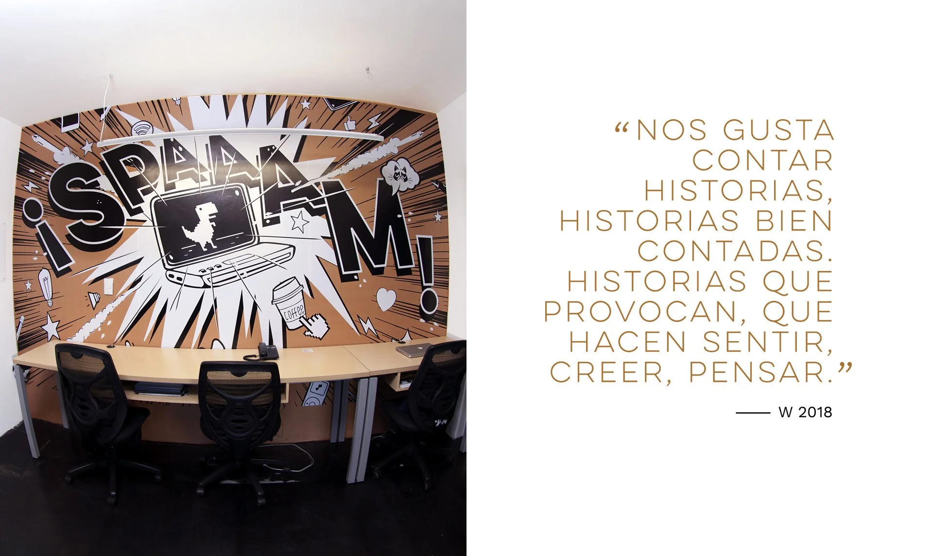 Pared decorada con arte de cómic de estilo callejero con palabras como 'SPAM' y diseños de objetos tecnológicos y emojis en colores negro, blanco y marrón.
