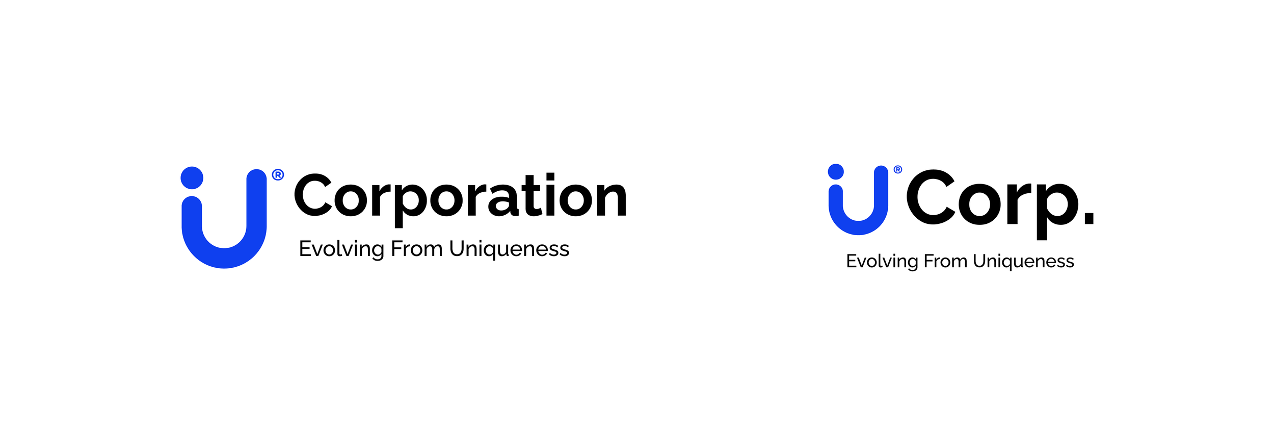 Logotipo de la empresa con la letra U en azul grande, seguida de la palabra Corporation en negro y el lema Evolving From Uniqueness en negro debajo, y a la derecha una versión más abreviada del logotipo con la letra U en azul grande, la abreviatura Corporación en negro y el mismo lema debajo.