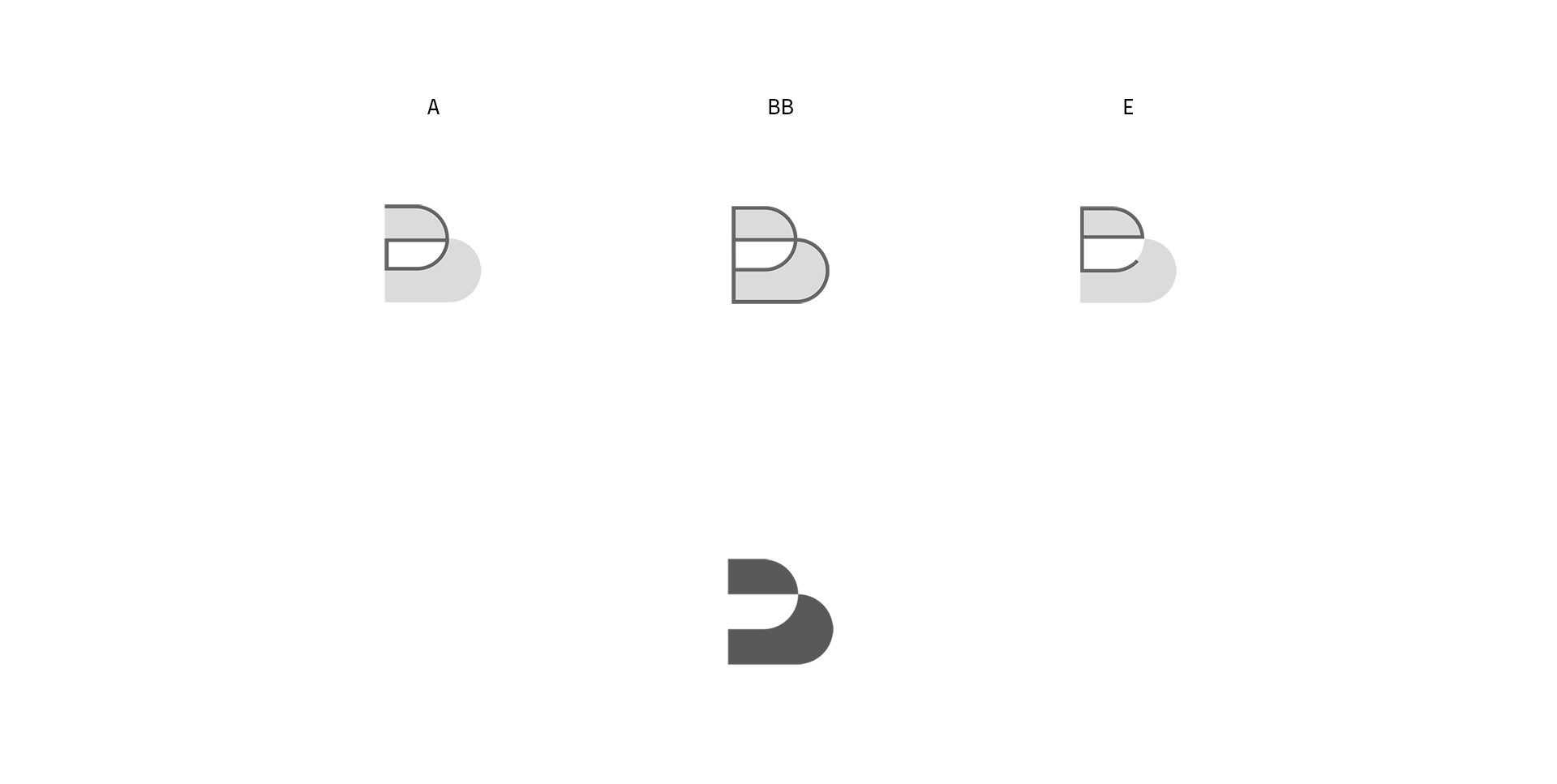 Imagen de letras y sombras en diferentes estilos y colores, con etiquetas A, BB y E en la parte superior, y una letra B grande en la parte inferior.