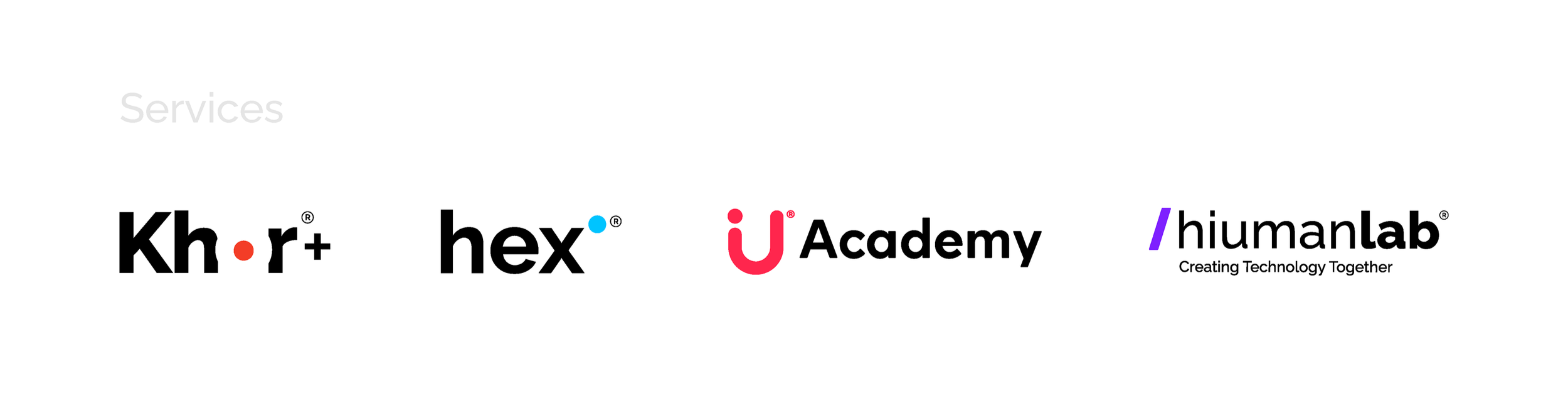 Logos de empresas y productos de tecnología, incluyendo Khor, Hex, iU Academy y Humanlab, en fondo blanco.