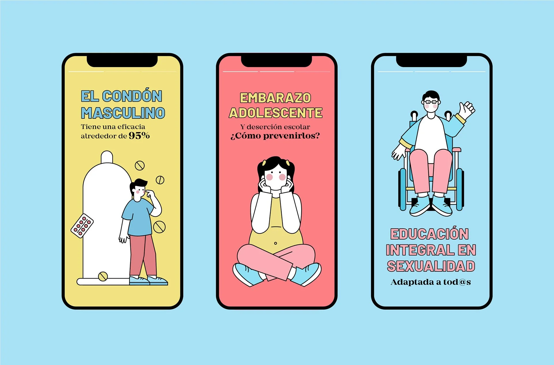 Ilustración con tres teléfonos móviles. El primero anuncia la eficacia del condón masculino. El segundo dedica a la prevención del embarazo adolescente y la deserción escolar. El tercero enfoca la educación integral en sexualidad, adaptada a todo.
