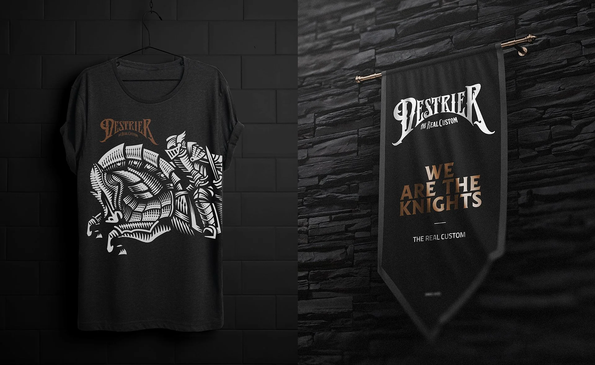 Camisa gris con diseño de caballero en la parte frontal y banderín negro con letras blancas y doradas que dice "Destrier, We Are The Knights" y "The Real Custom".