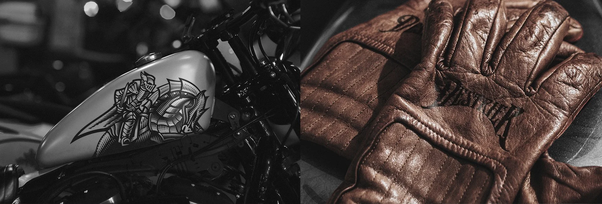 Motocicleta con tanque decorado y un par de guantes de cuero. La motocicleta es de color gris con un diseño gráfico en el tanque, y los guantes son de color marrón con letras negras estampadas.