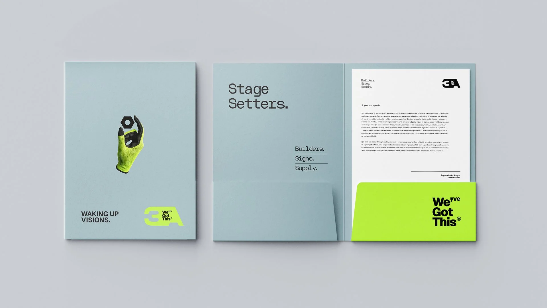 Paquete de folletos y carteles con temas de construcción, con texto en inglés y un símbolo de una mano con guantes naranja y verde sostenido, y colores negro y verde neón.