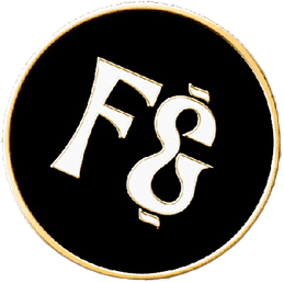 Logo con letras F y Ē en color blanco en un fondo negro con borde dorado