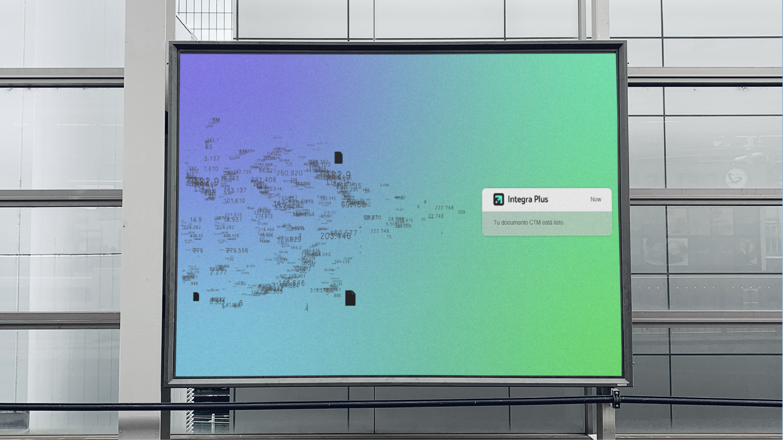 Pantalla digital en un aeropuerto con mensaje que indica que un documento CTM está listo, con fondo de colores degradados y marcas de agua de datos y estadísticas.