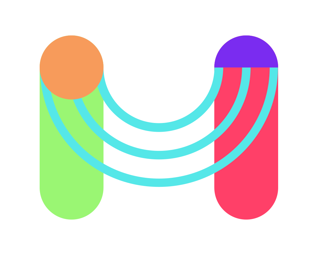 Diagrama abstracto con dos cilindros, uno verde y uno rosa, conectados por arcos azules y dos círculos en sus extremos, uno anaranjado y otro morado.