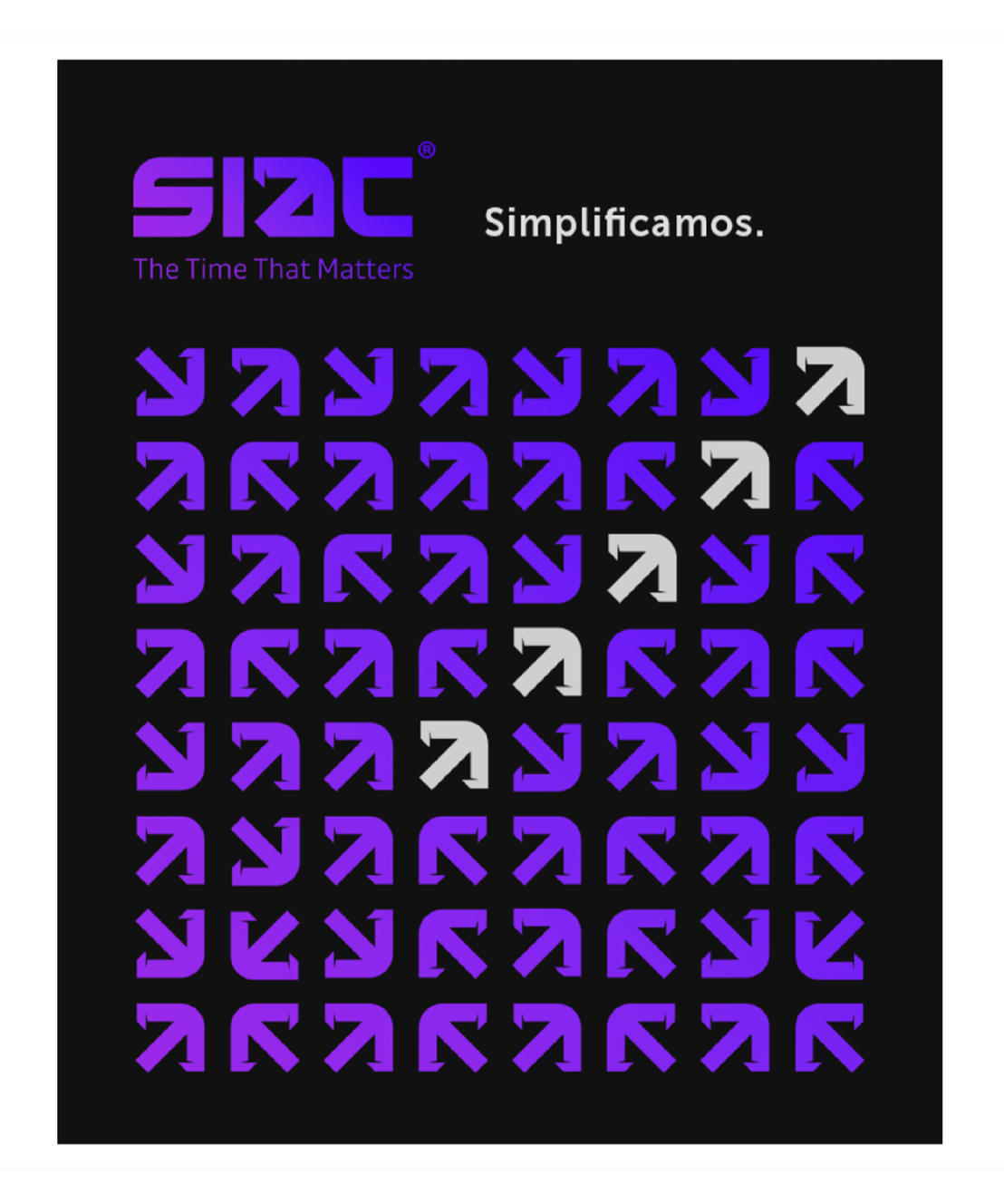 Logo de SICAC y lema 'Simplificamos', con patrones de flechas moradas y grises sobre fondo negro.