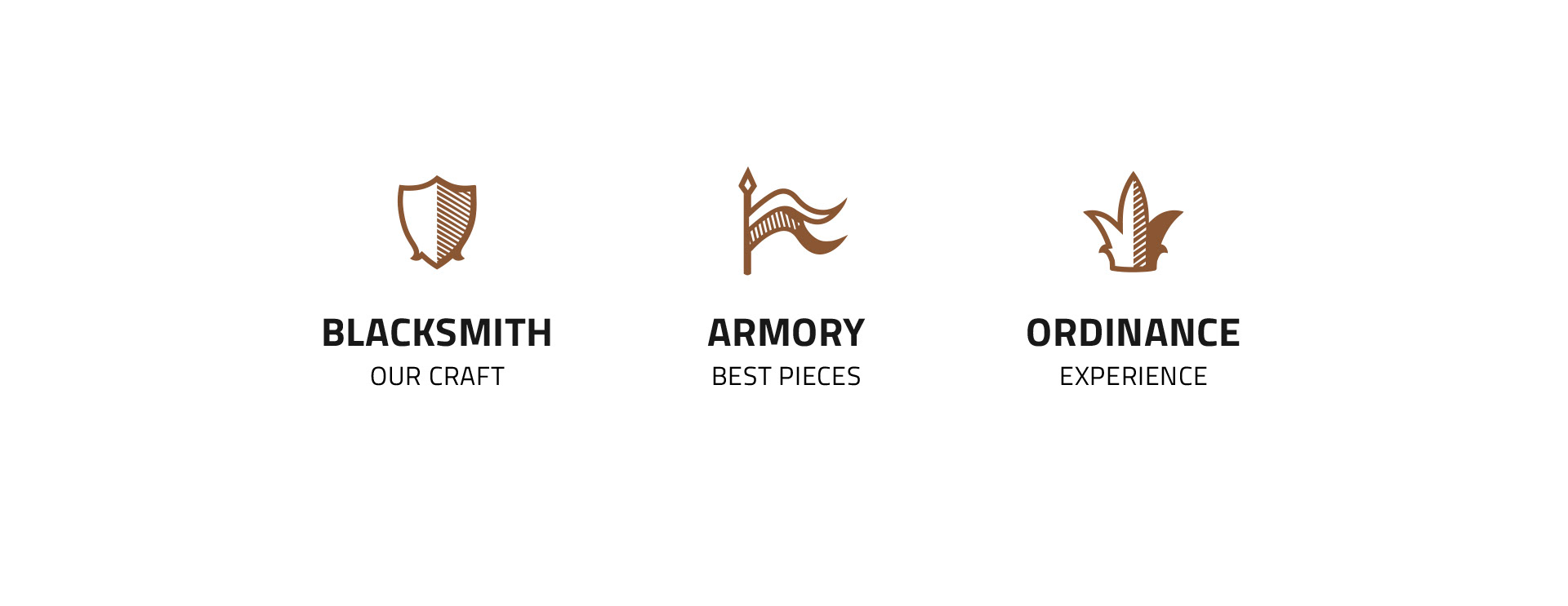 Tres íconos con textos debajo: un escudo para 'Blacksmith', una bandera para 'Armory', y una pluma para 'Ordinance'.