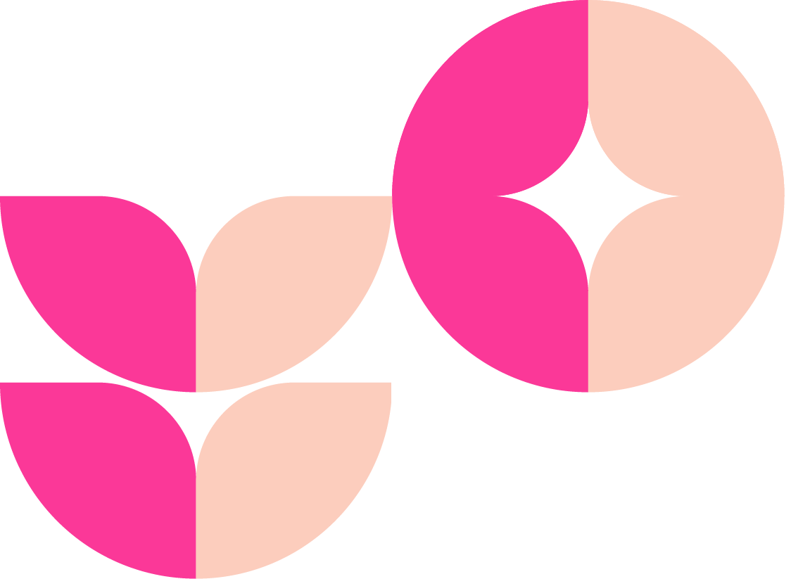 Diseño abstracto con formas circulares y semicírculos en colores rosa y melón sobre fondo negro.