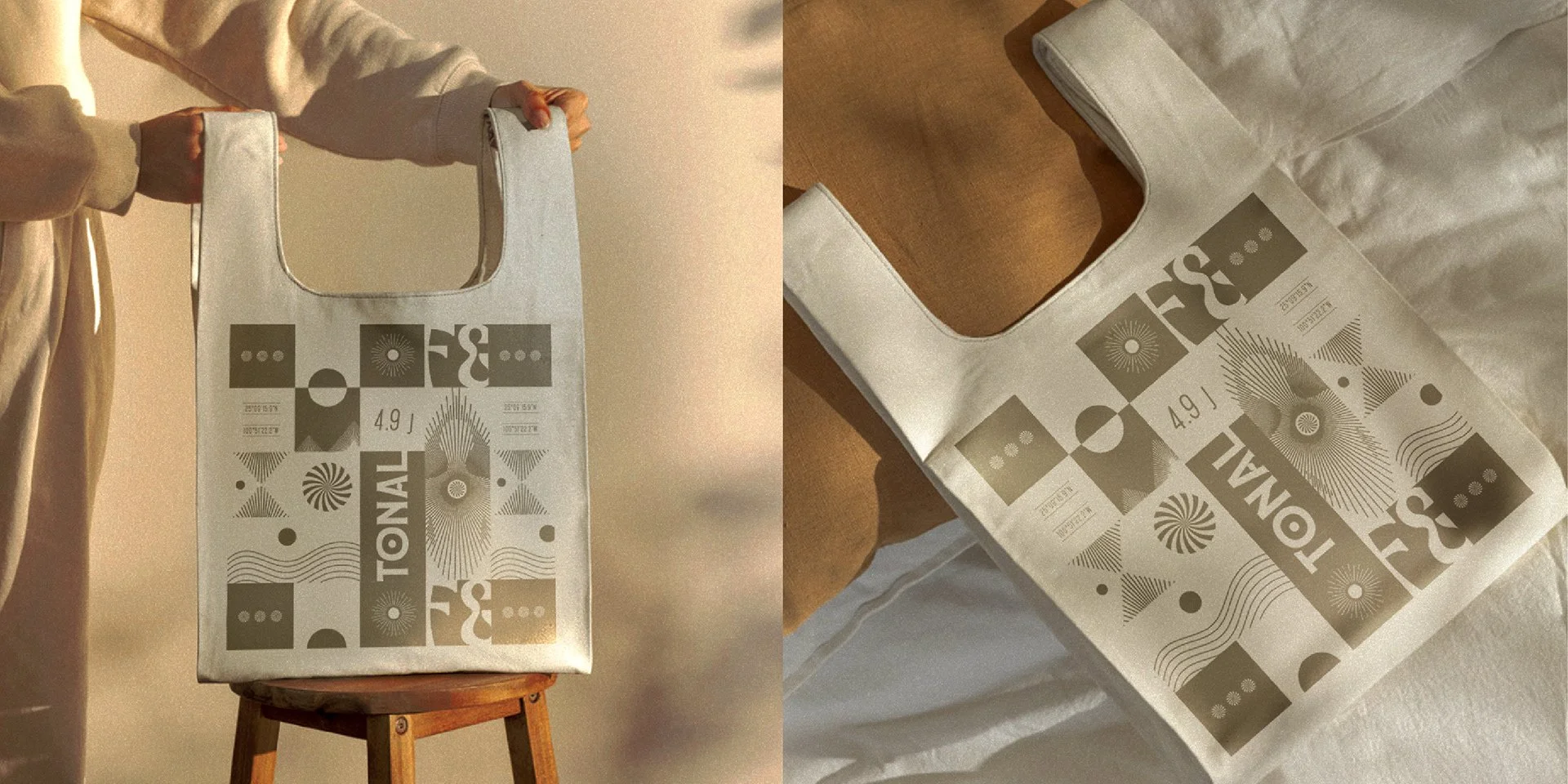 Bolsa de papel decorativa con diseños geométricos y el texto "TONAL", colocada sobre una mesa de madera.
