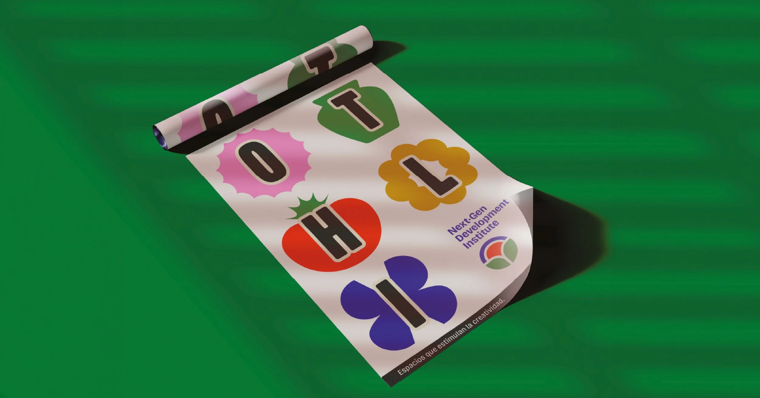 Cartel colorido con logotipos y el texto del Instituto de Desarrollo de Next Gen, promoviendo espacios que estimulan la creatividad sobre fondo verde.
