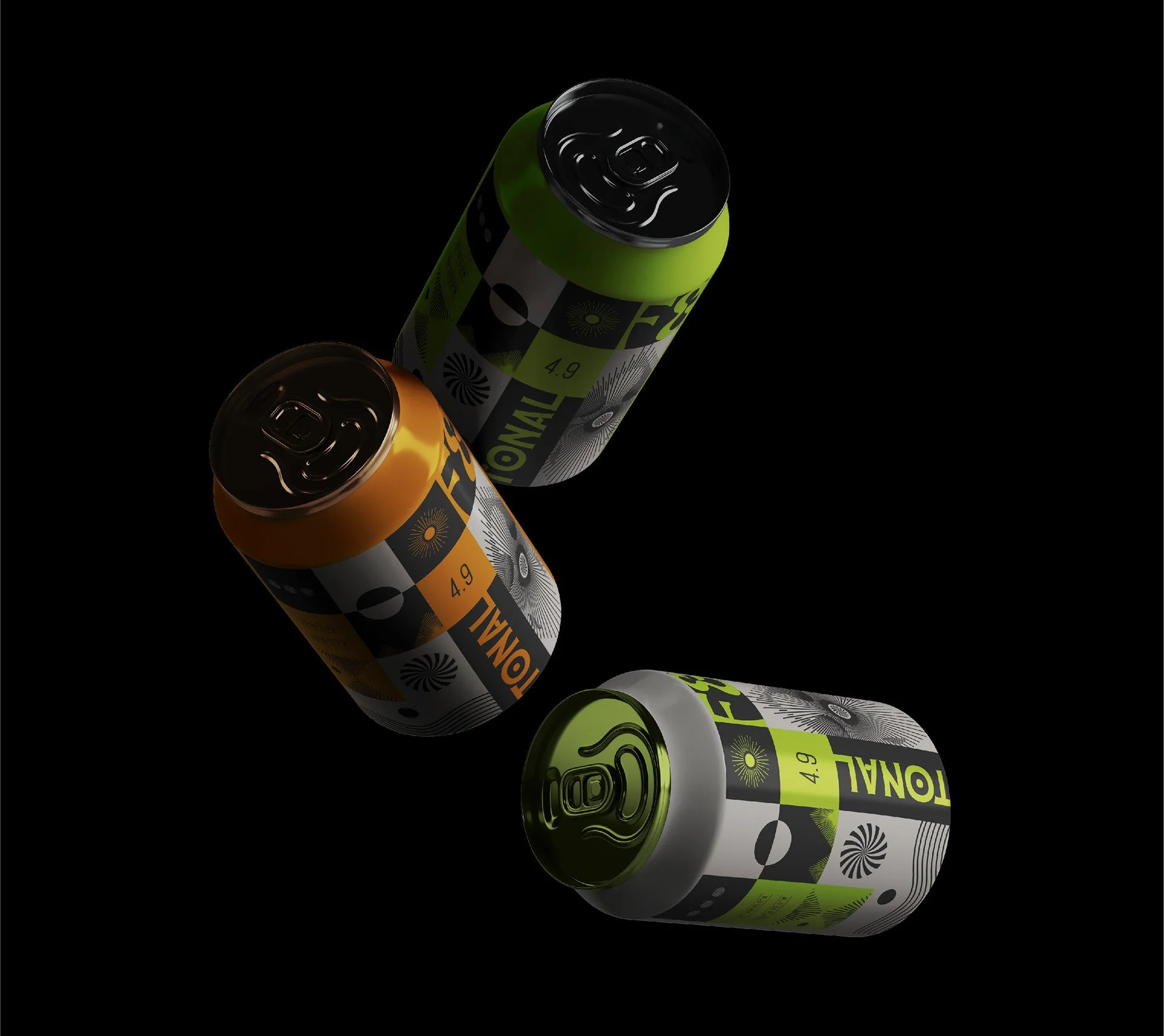 Tres latas de bebidas energéticas en diferentes colores y diseños, flotando en un fondo negro.