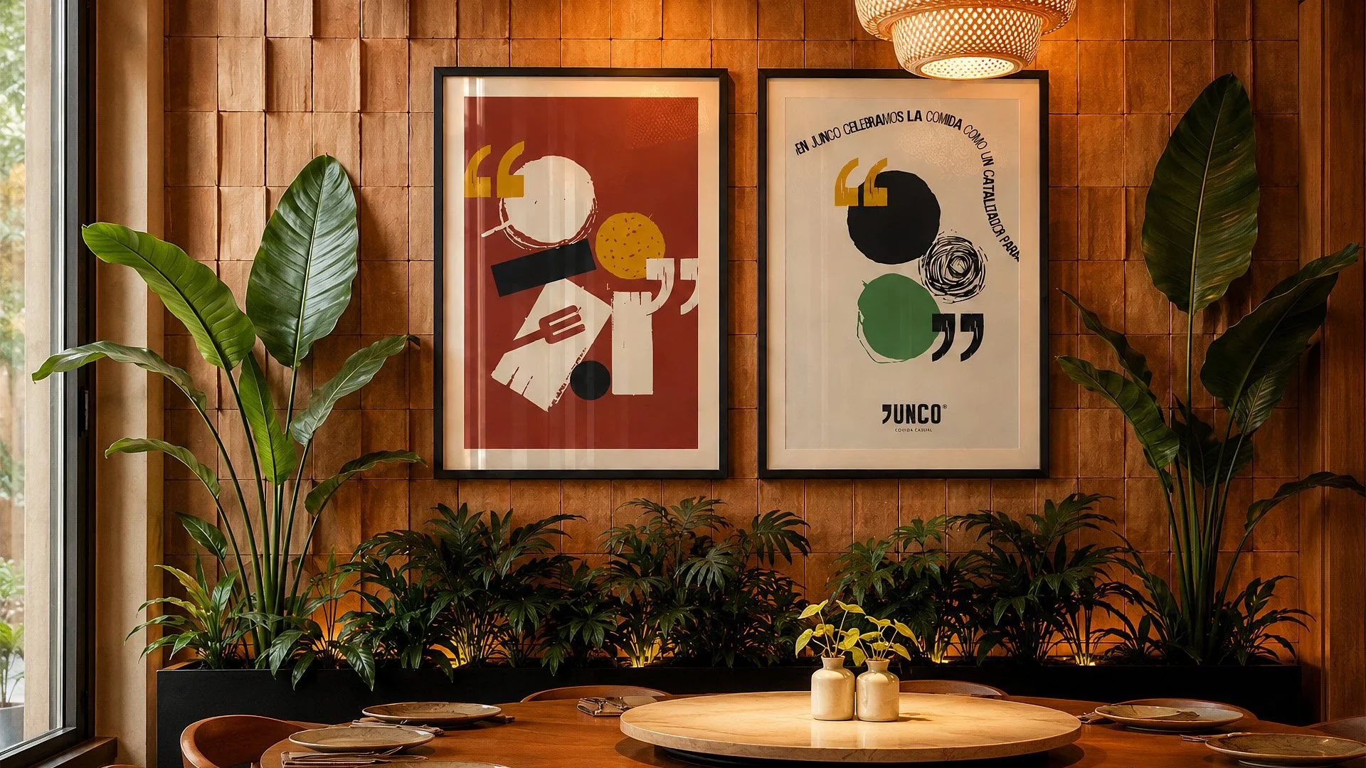 Decoración interior de restaurante con paredes de ladrillos y dos cuadros abstractos con letras y formas coloridas, rodeado de plantas verdes y una mesa redonda de madera con vajilla.