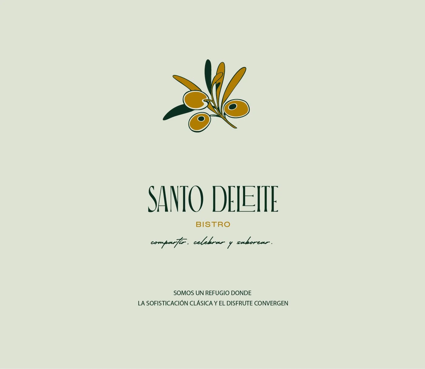 Tarjeta del bistró con un diseño minimalista, un ramo de aceitunas y hojas en la parte superior, y texto en español que invita a compartir, celebrar y saborear, con una frase que dice: 'Somos un refugio donde la sofisticación clásica y el disfrute convergen'.