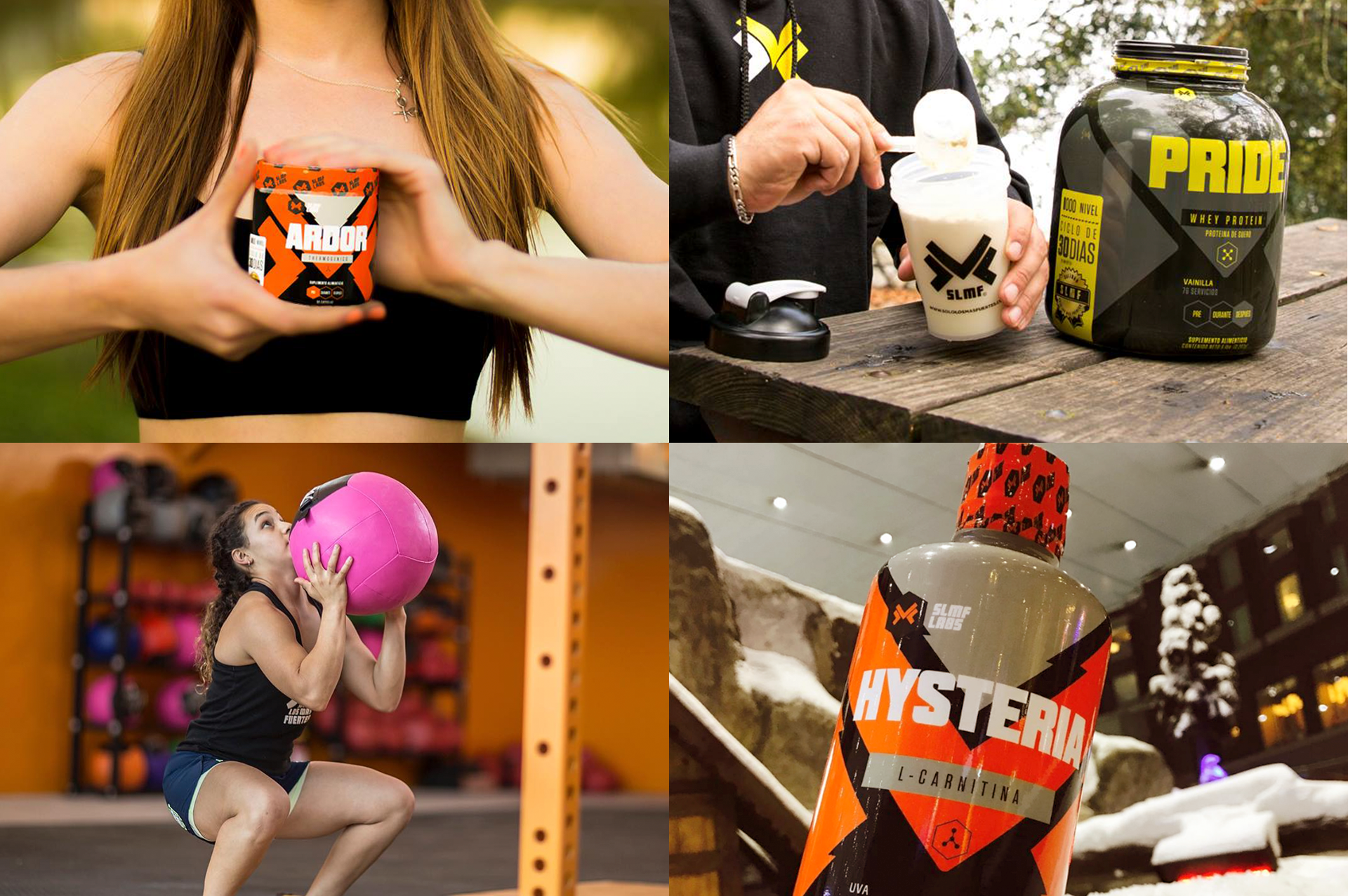 Cuatro imágenes diferentes relacionadas con el ejercicio y suplementos deportivos. La primera muestra a una mujer sosteniendo un vaso con suplemento en un entorno al aire libre, la segunda a una persona sacando mantequilla de nueces de un frasco grande, la tercera a una mujer levantando una pesa mediana en un gimnasio y la cuarta a un frasco de suplemento en un entorno interior con decoración de montaña.