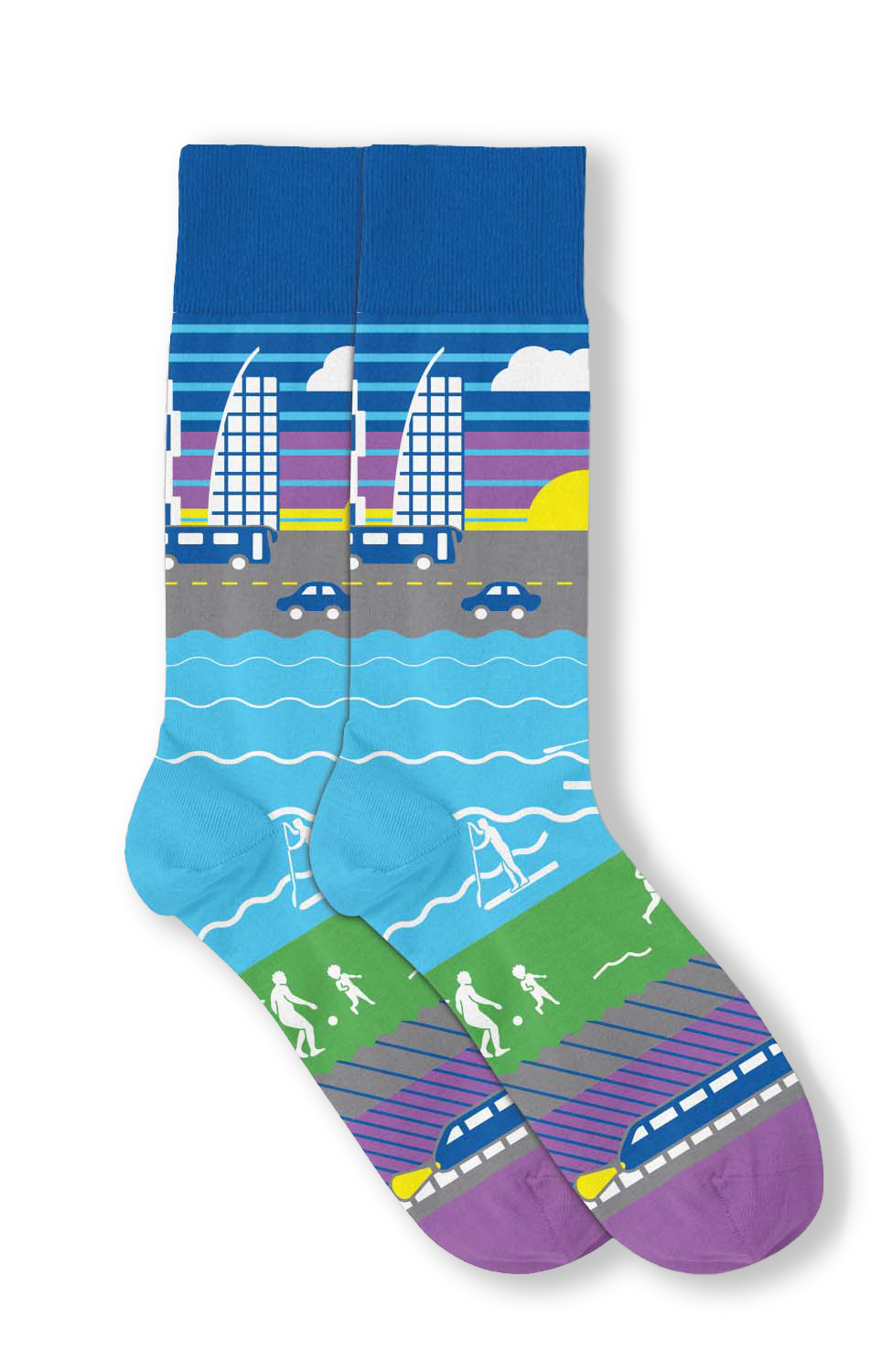 Project Connect socks. Design is a scene of downtown, with people padding on the water and playing in a field, and the underground light rail train below