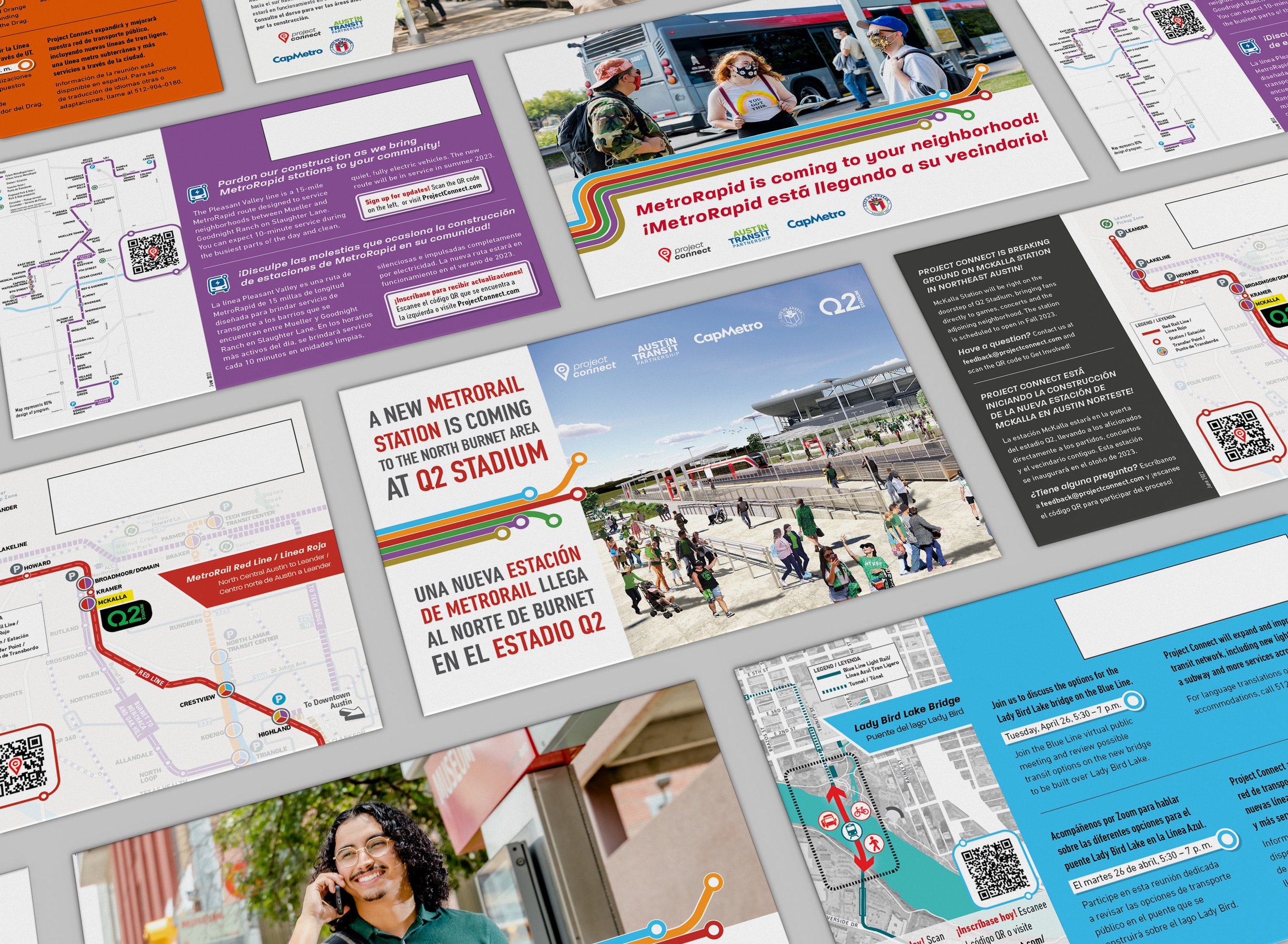 Colorful display of Project Connect postcard mailers