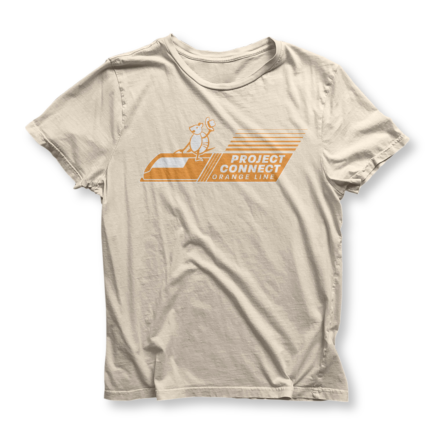 Project Connect Orange Line t-shirt. Illustration includes an armadillo with a cowboy hat riding on top of the light rail train, like a rodeo rider