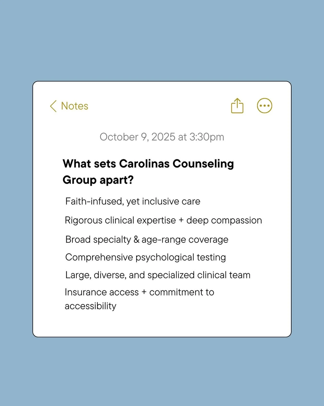 What makes Carolinas Counseling Group different?
 ✅ Faith-integrated but inclusive care ✅ Clinically skilled, compassionate therapists ✅ Full-range services from therapy to testing ✅ Insurance access and real-world support

We&rsquo;re here to help y