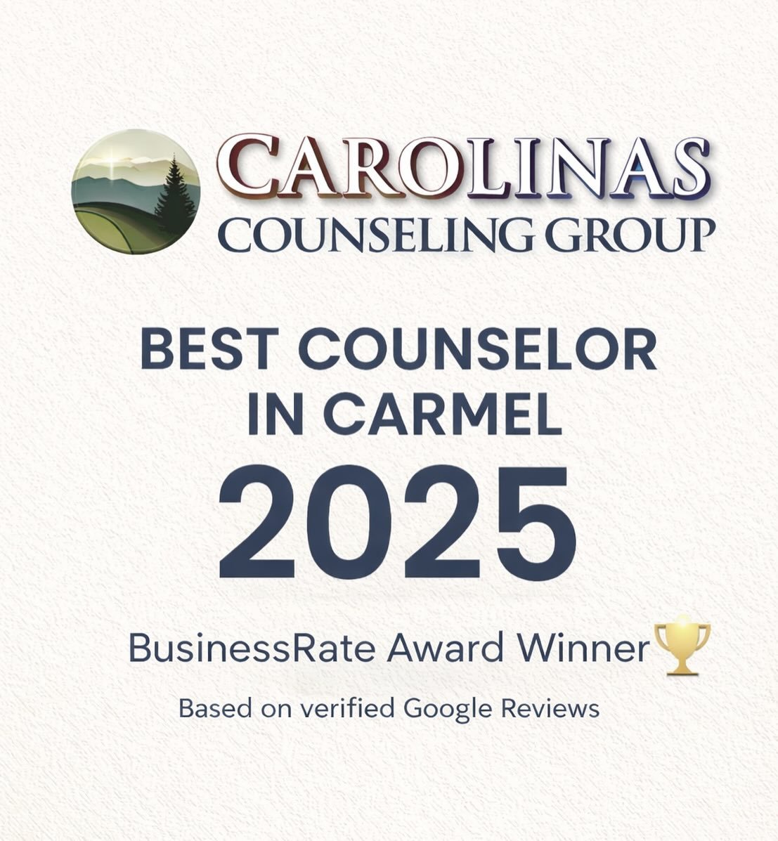 Big news 🎉

Carolinas Counseling Group was named Best Counselor in Carmel &ndash; 2025 by BusinessRate, based on verified client reviews.

So grateful for our clients and this community. Thank you for trusting us. 🤍

#CarolinasCounselingGroup #Best