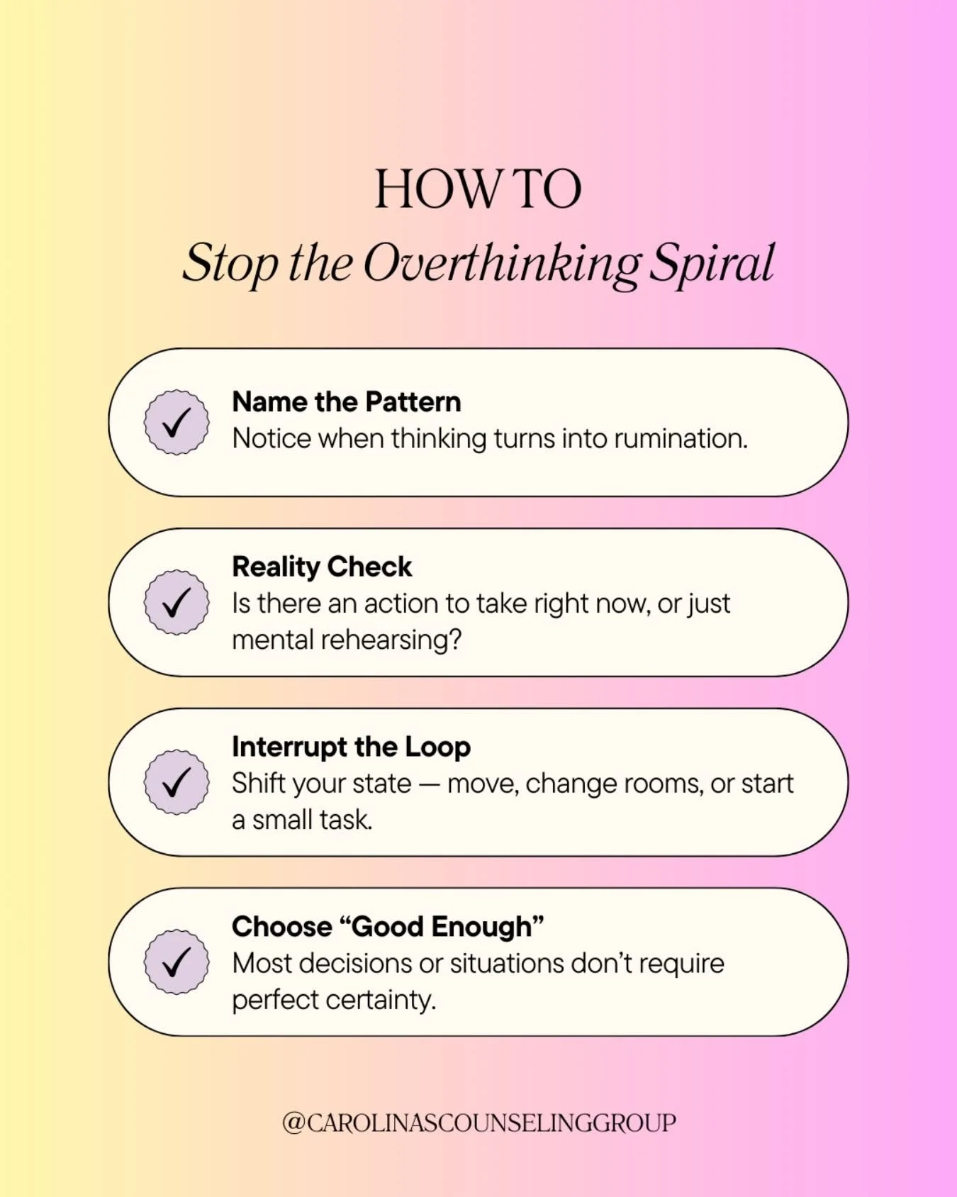 If your brain constantly replays conversations, decisions, or worst-case scenarios&hellip; you&rsquo;re not alone.

Overthinking is common, but it doesn&rsquo;t have to run the show.

Therapy can help you learn practical tools to quiet the spiral and