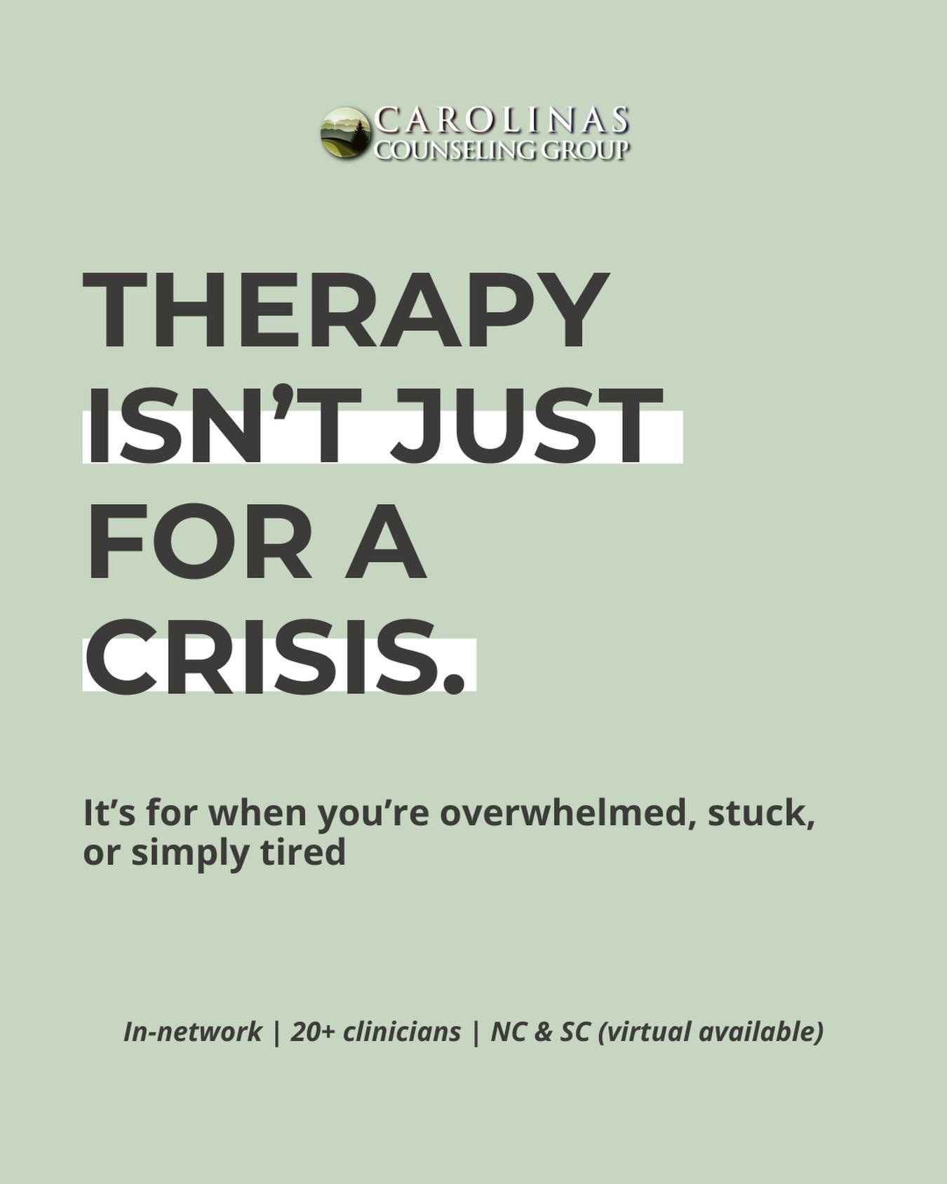 Therapy isn&rsquo;t only for when life falls apart.

Sometimes it&rsquo;s for when you&rsquo;re functioning&mdash;but overwhelmed. Overthinking. Carrying more than you should.

At Carolinas Counseling Group, we offer a calm, supportive space to slow 