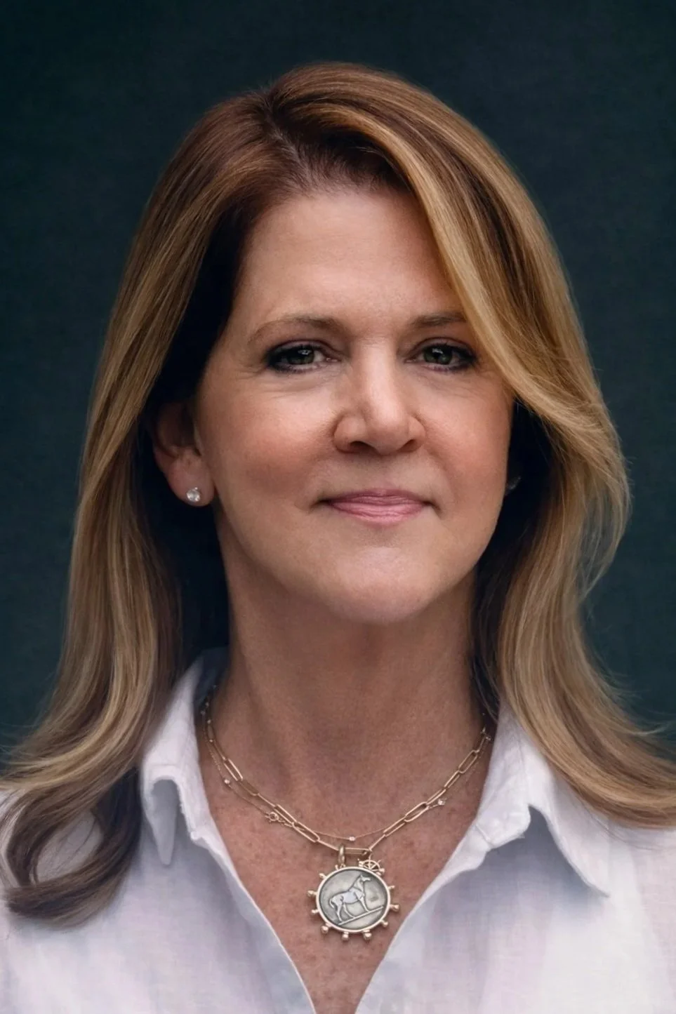 A woman with shoulder-length brown hair and light skin, wearing a white collared shirt, a necklace with a gear-shaped pendant, and earrings, standing against a dark background.
