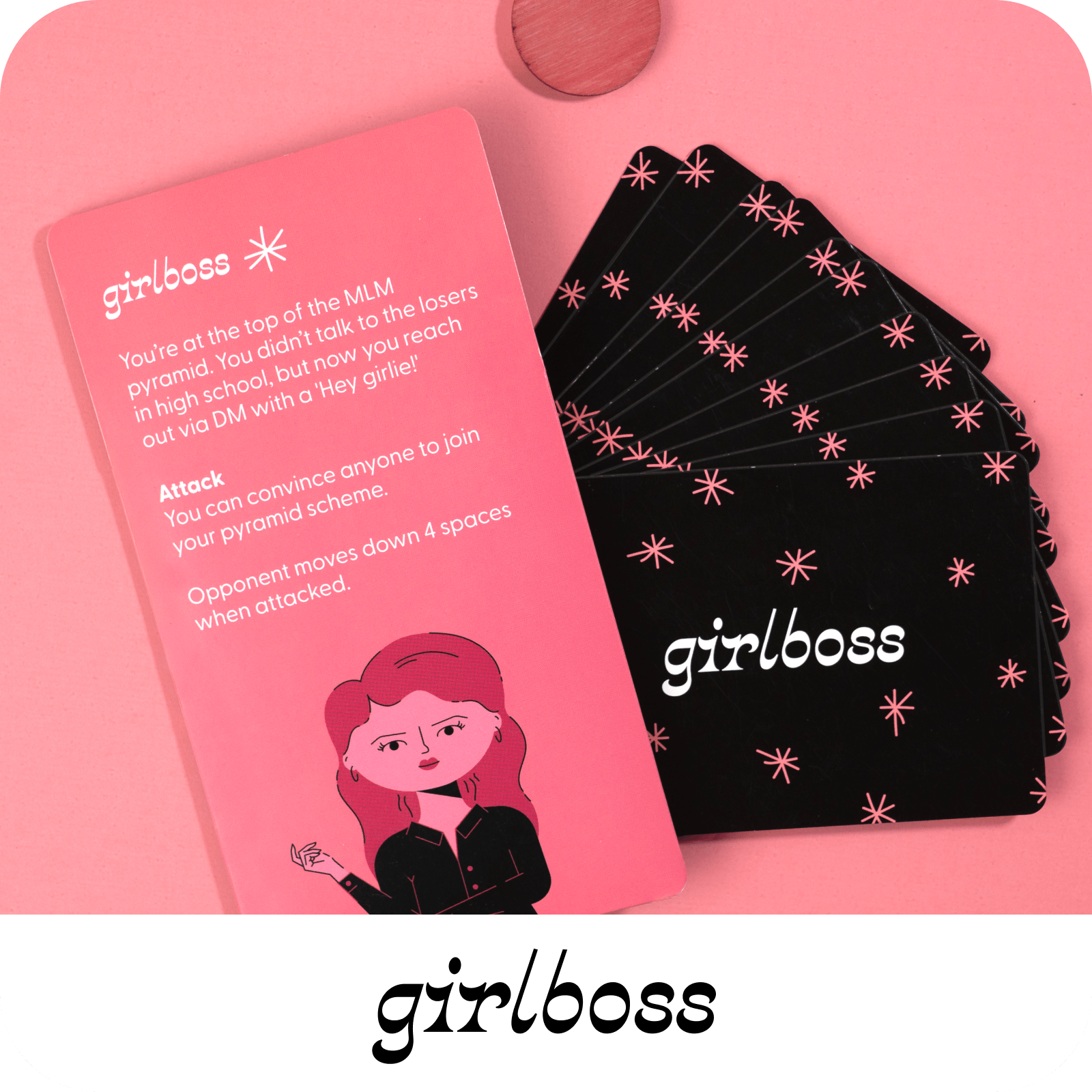 Girlboss | A pink illustration of a stereotypical "girlboss" + her 10 power cards + her pink token