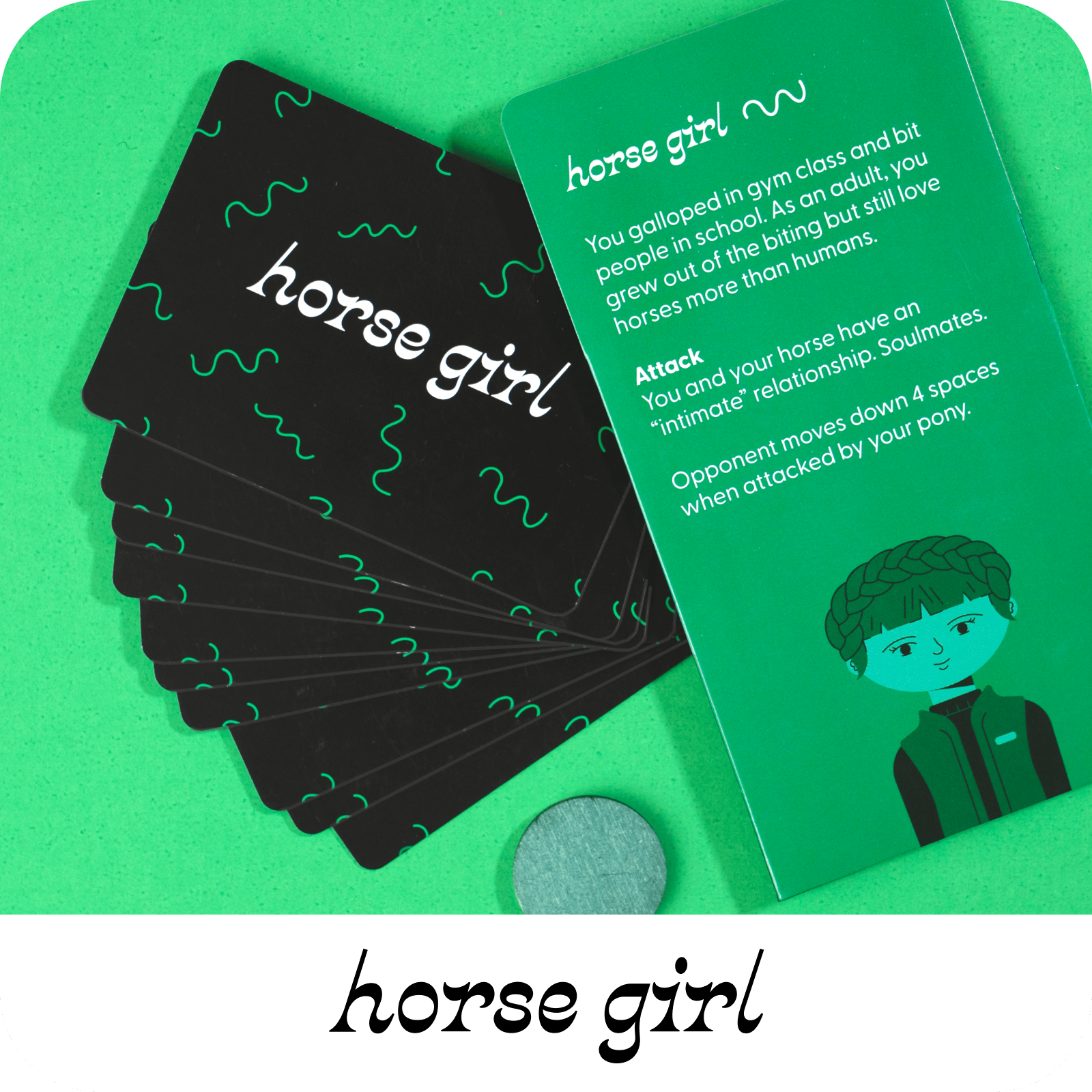 Horse Girl | A green illustration of a stereotypical "horse girl" + her 10 power cards + her green token