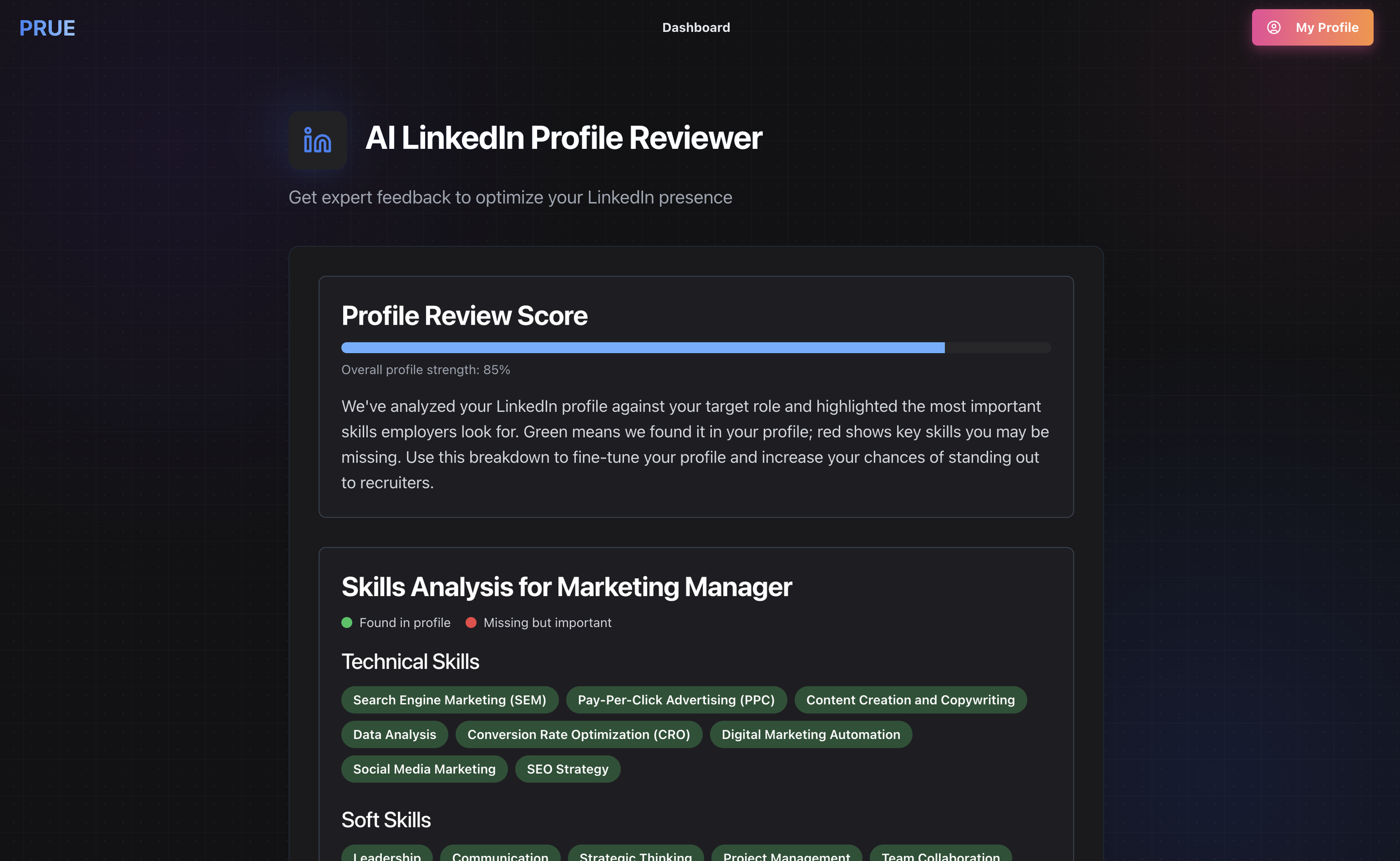 Outplacement platform. Screenshot of a web dashboard for AI LinkedIn Profile Reviewer, displaying a profile review score of 85%, skill analysis for a marketing manager, and various technical and soft skills.