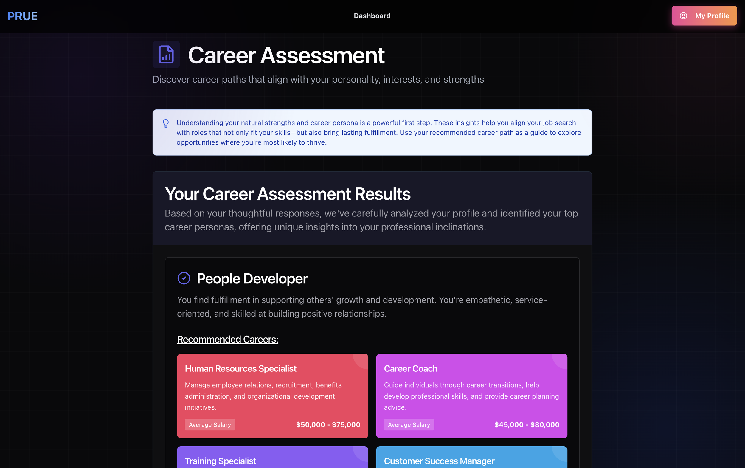 Screenshot of a career assessment dashboard showing results with top career personas like People Developer, Human Resources Specialist, Career Coach, Training Specialist, and Customer Success Manager, including brief descriptions and average salaries.