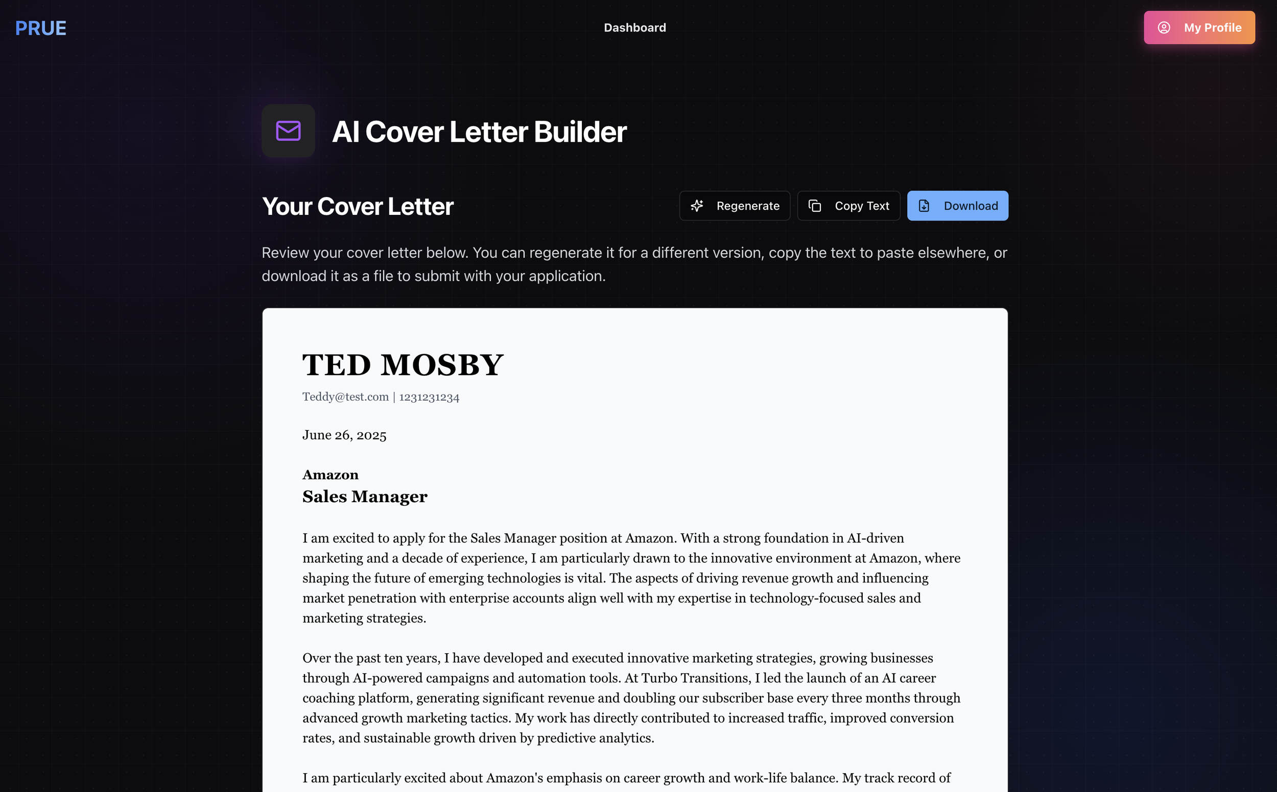 Screenshot of an AI Cover Letter Builder webpage showing a sample cover letter for TED MOSBY, applying for a Sales Manager position at Amazon. The page includes options to regenerate, copy text, or download, with a dark background and a profile button in the upper right corner.