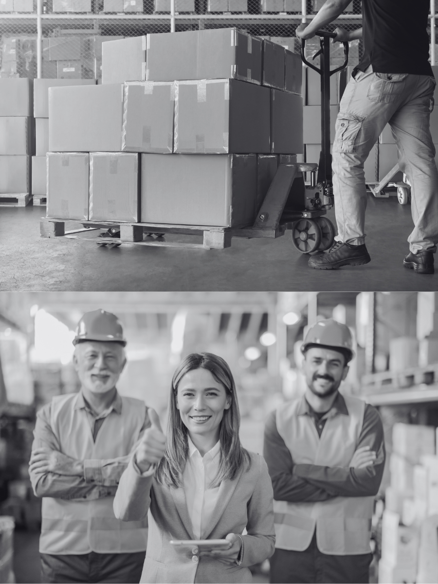 Warehouse workers in safety gear with boxes and a pallet jack; smiling team in a warehouse setting with shelves and boxes.