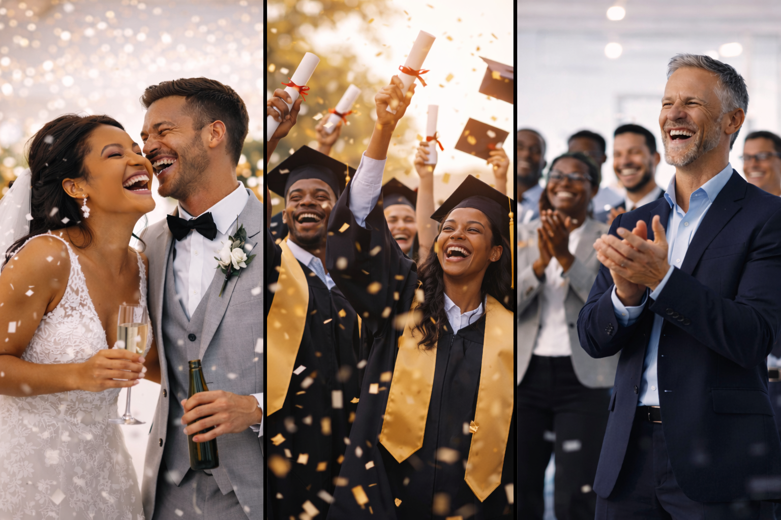 Collage of wedding, graduation, and award ceremony celebrations with people smiling, clapping, and throwing confetti.